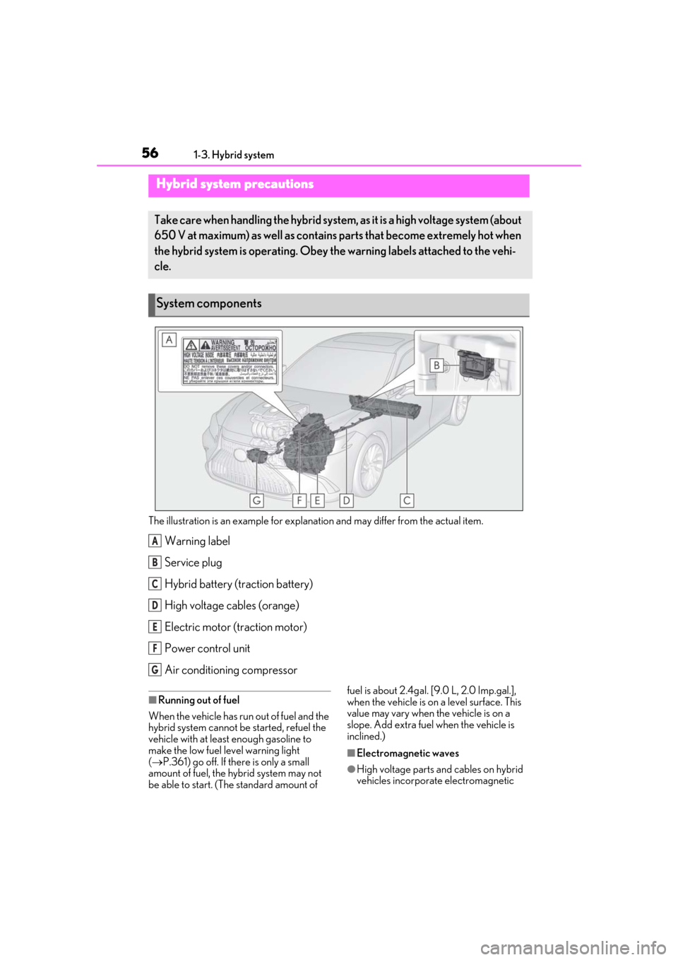 Lexus ES300h 2019  Owners Manual (OM33D00U) 561-3. Hybrid system
The illustration is an example for explanation and may differ from the actual item.
Warning label
Service plug
Hybrid battery (traction battery)
High voltage cables (orange)
Elect