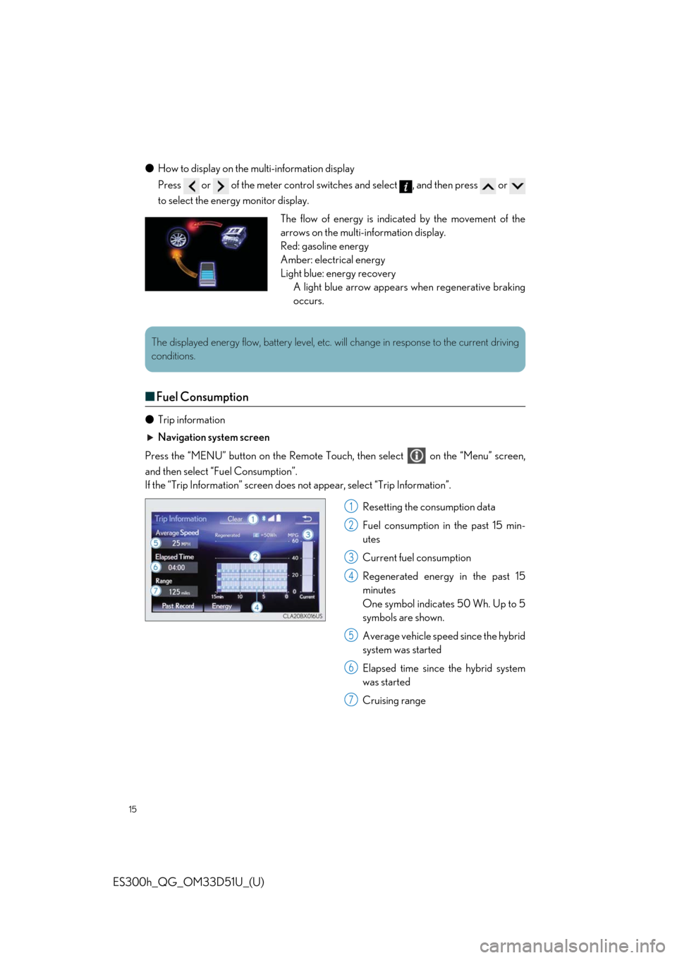 Lexus ES300h 2018 Owners Manual Quick Guide (OM33D51U) 15
ES300h_QG_OM33D51U_(U)
●How to display on the mu lti-information display
Press or of the meter control switch es and select , and then press or
to select the energy monitor display.
■ F Lexus ES300h 2018 Owners Manual Quick Guide (OM33D51U) 15
ES300h_QG_OM33D51U_(U)
●How to display on the mu lti-information display
Press or of the meter control switch es and select , and then press or
to select the energy monitor display.
■ F
