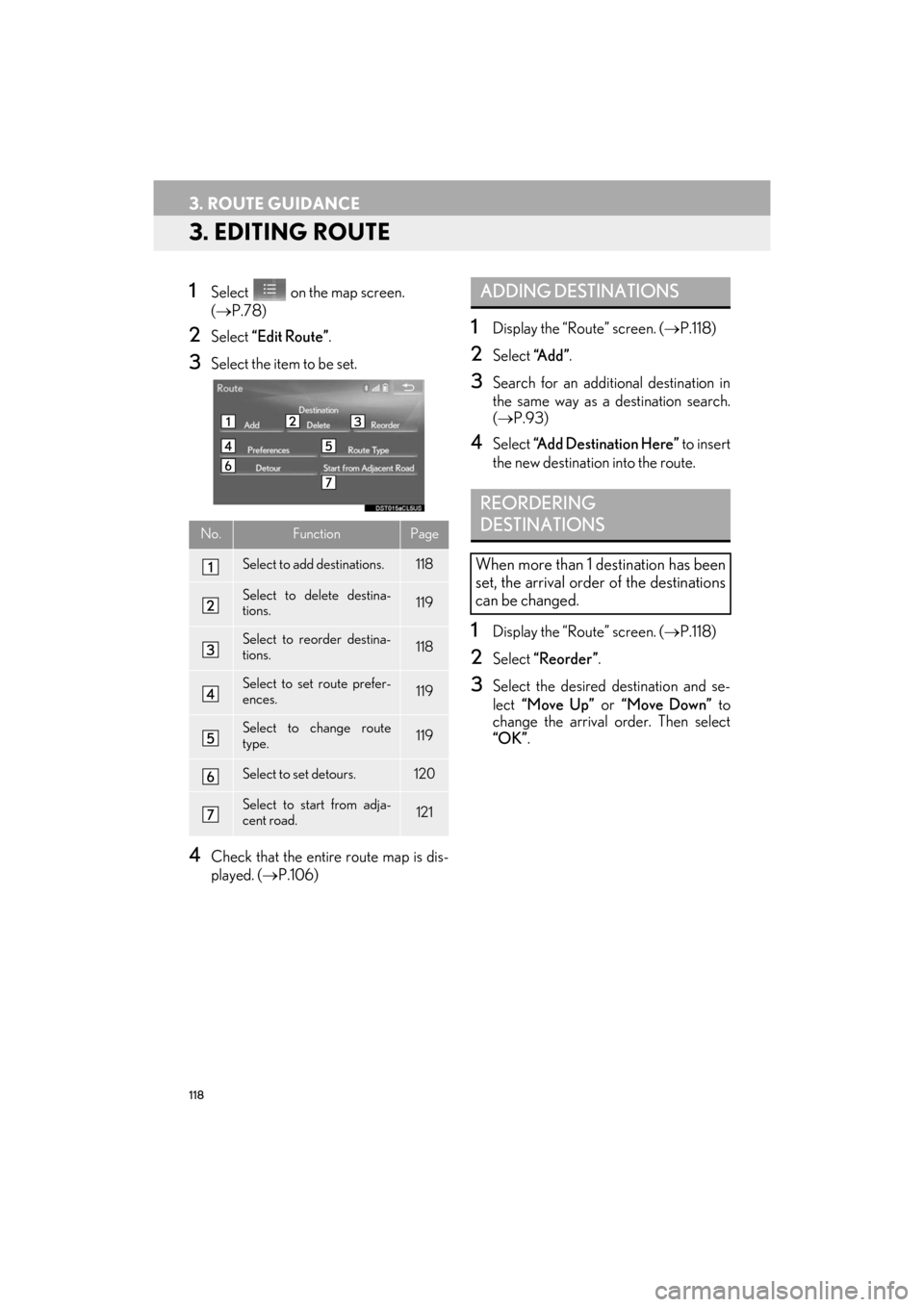 Lexus ES300h 2017 Navigation Manual 118
3. ROUTE GUIDANCE
ES350/300h_Navi_OM33C79U_(U)16.06.22 14:52
3. EDITING ROUTE
1Select on the map screen.
(→ P.78)
2Select “Edit Route” .
3Select the item to be set.
4Check that the e Lexus ES300h 2017 Navigation Manual 118
3. ROUTE GUIDANCE
ES350/300h_Navi_OM33C79U_(U)16.06.22 14:52
3. EDITING ROUTE
1Select on the map screen.
(→ P.78)
2Select “Edit Route” .
3Select the item to be set.
4Check that the e