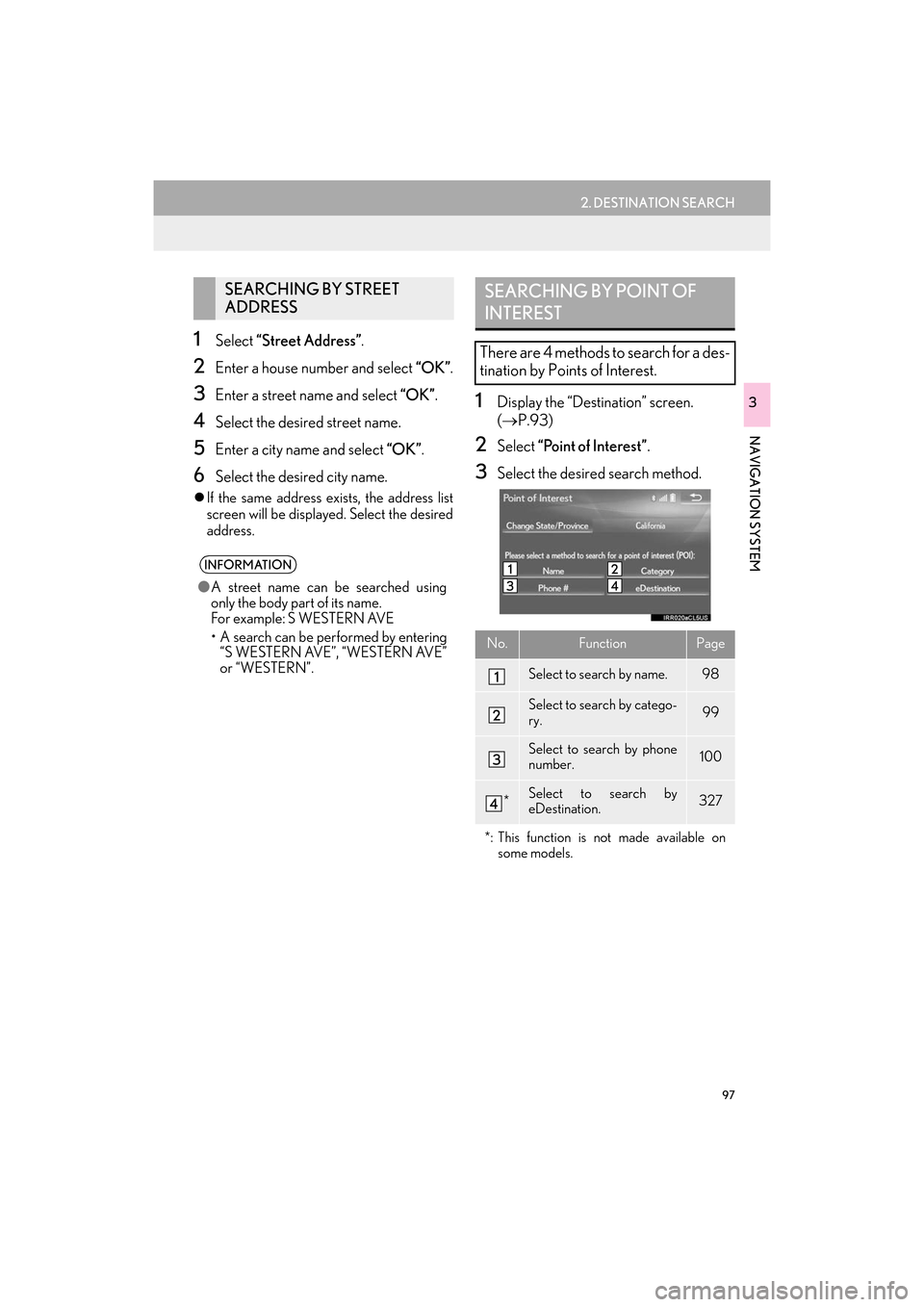 Lexus ES300h 2017  Navigation Manual 97
2. DESTINATION SEARCH
ES350/300h_Navi_OM33C79U_(U)16.06.22     14:52
NAVIGATION SYSTEM
3
1Select “Street Address” .
2Enter a house number and select  “OK”.
3Enter a street name and select  