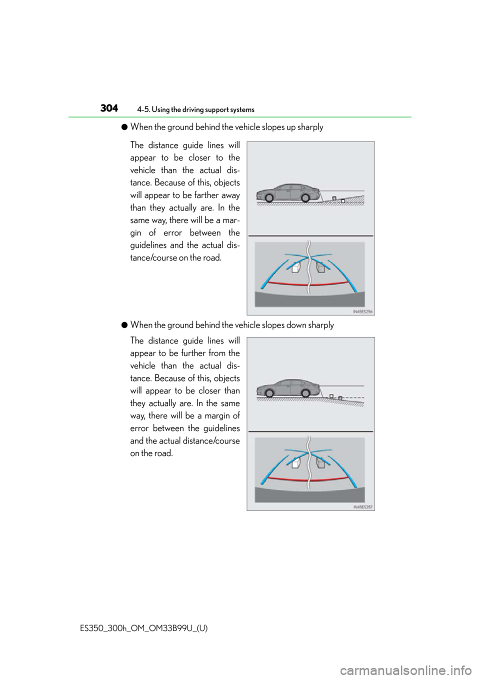 Lexus ES300h 2015  Other interior features / Owners Manual (OM33B99U) 304
ES350_300h_OM_OM33B99U_(U)
4-5. Using the driving support systems
●When the ground behind the vehicle slopes up sharply
The distance guide lines will
appear to be closer to the
vehicle than the 
