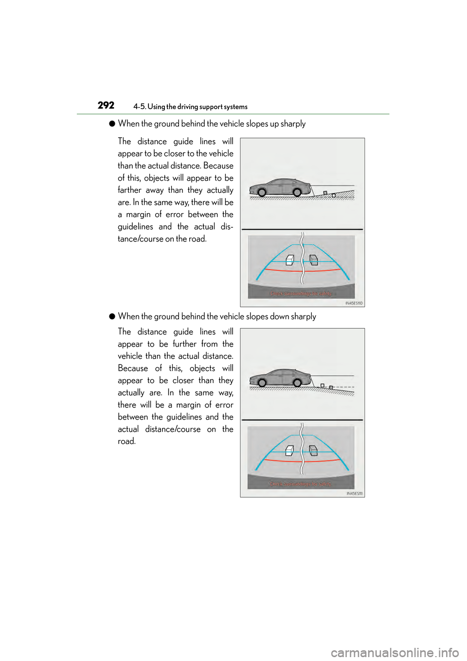 Lexus ES300h 2014  Owners Manual 292
ES350_300h_OM_OM33A60U_(U)
4-5. Using the driving support systems
●When the ground behind the vehicle slopes up sharply
The distance guide lines will
appear to be closer to the vehicle
than the 