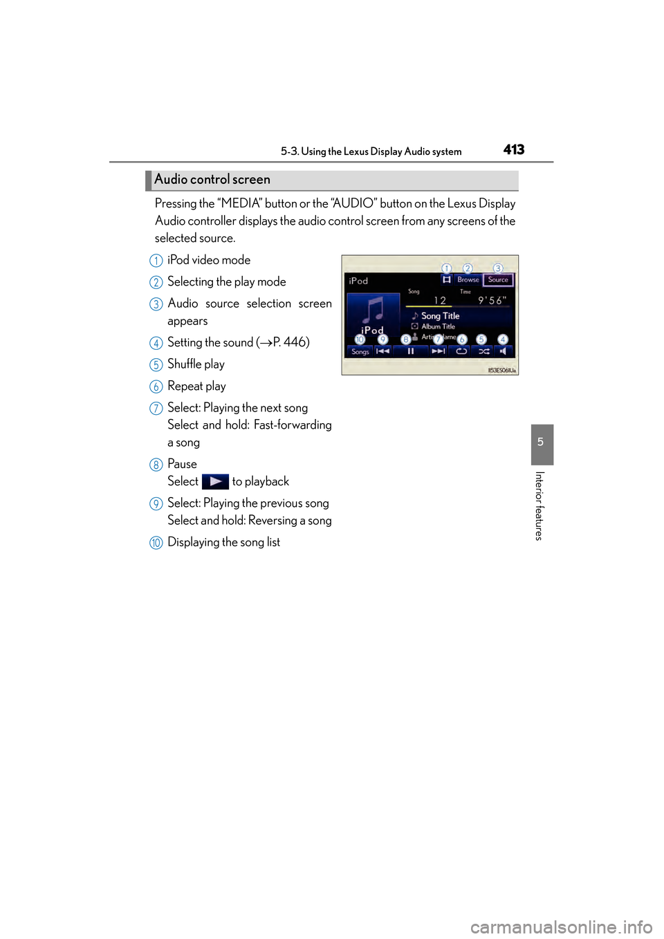 Lexus ES300h 2014  Owners Manual ES350_300h_OM_OM33A60U_(U)
4135-3. Using the Lexus Display Audio system
5
Interior features
Pressing the “MEDIA” button or the “AUDIO” button on the Lexus Display
Audio controller displays the