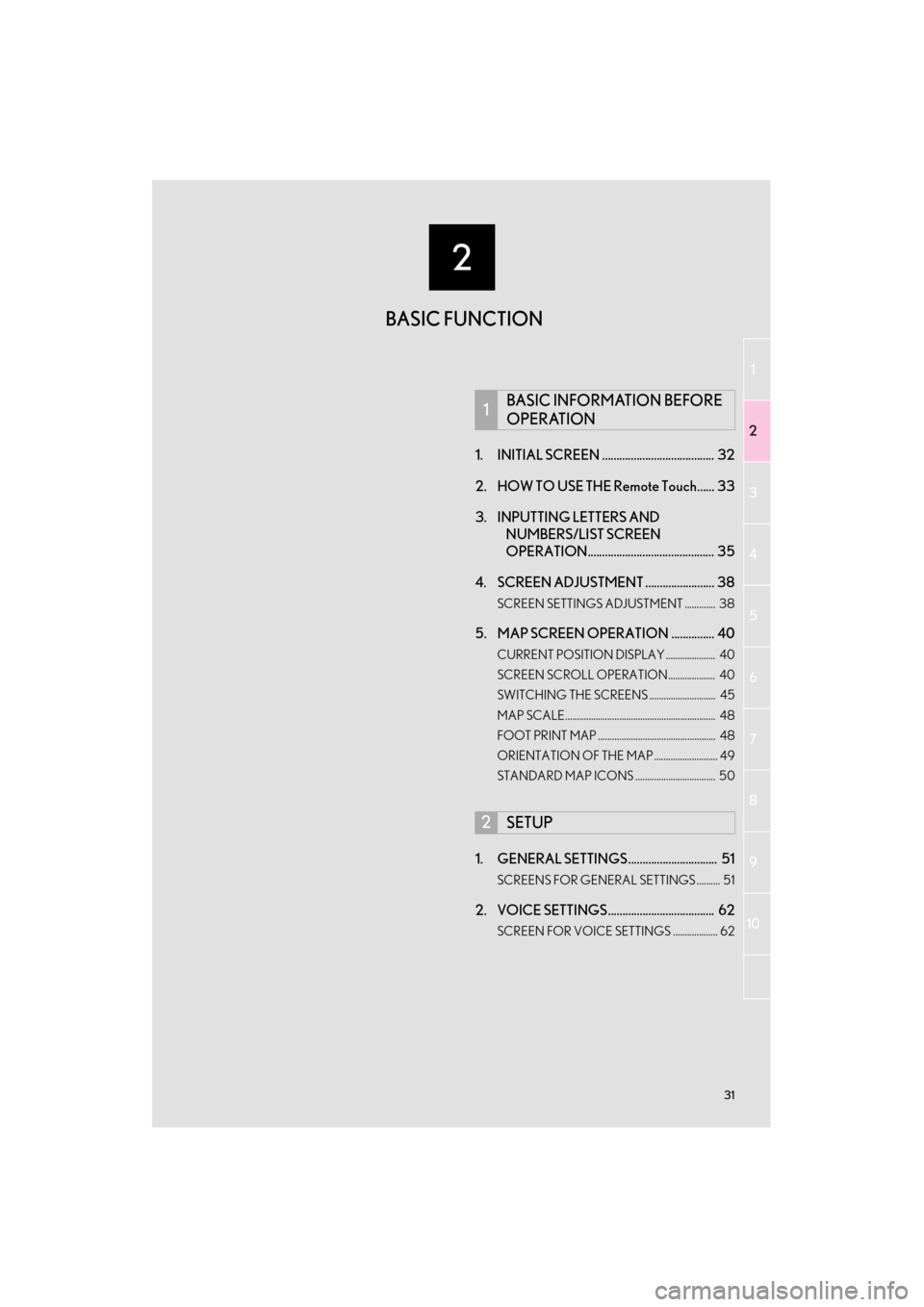 Lexus ES300h 2014 Navigation Manual 1
2
3
4
5
6
7
8
9
2
31
ES350/300h_Navi_OM33A66U_(U)13.07.11 09:52
10
1. INITIAL SCREEN ....................................... 32
2. HOW TO USE THE Remote Touch...... 33
3. INPUTTING LETTERS AND Lexus ES300h 2014 Navigation Manual 1
2
3
4
5
6
7
8
9
2
31
ES350/300h_Navi_OM33A66U_(U)13.07.11 09:52
10
1. INITIAL SCREEN ....................................... 32
2. HOW TO USE THE Remote Touch...... 33
3. INPUTTING LETTERS AND
