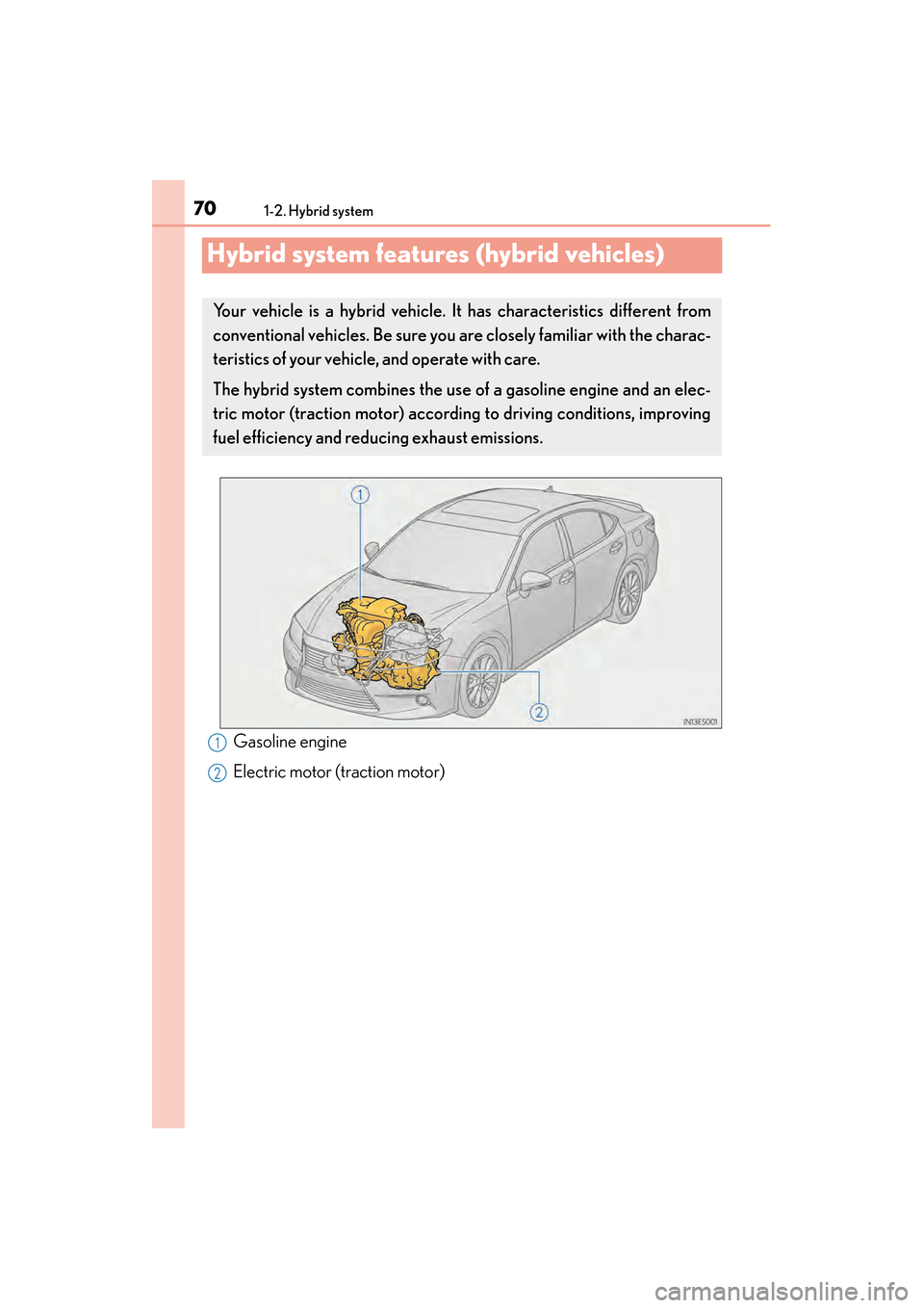 Lexus ES300h 2013  Owners Manual 701-2. Hybrid system
ES350 300h_OM_OM33A01U_(U)
Hybrid system features (hybrid vehicles)
Gasoline engine
Electric motor (traction motor)
Your vehicle is a hybrid vehicle. It has characteristics differ