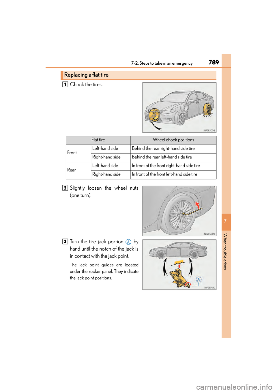 Lexus ES300h 2013  Owners Manual 7897-2. Steps to take in an emergency
ES350 300h_OM_OM33A01U_(U)
7
When trouble arises
Chock the tires.
Slightly loosen the wheel nuts
(one turn).
Turn the tire jack portion   by
hand until the notch 