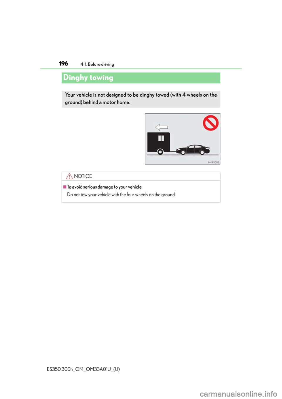 Lexus ES300h 2013  Maintenance and care / Owners Manual (OM33A01U) 196
ES350 300h_OM_OM33A01U_(U)
4-1. Before driving
Dinghy towing
Your vehicle is not designed to be dinghy towed (with 4 wheels on the
ground) behind a motor home. 
NOTICE
■To avoid serious damage t
