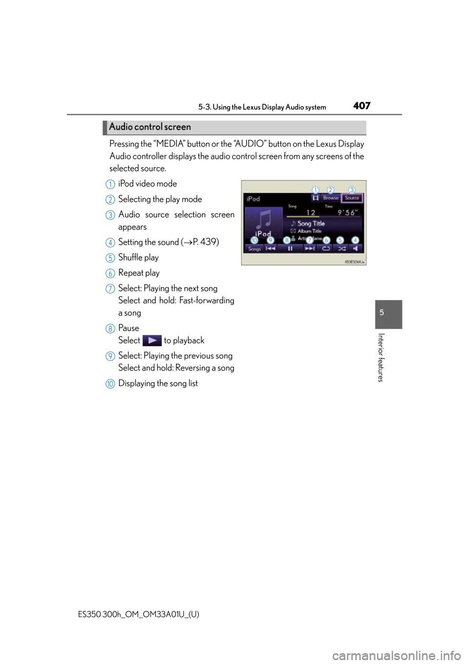 Lexus ES300h 2013  Maintenance and care / Owners Manual (OM33A01U) ES350 300h_OM_OM33A01U_(U)
4075-3. Using the Lexus Display Audio system
5
Interior features
Pressing the “MEDIA” button or the “AUDIO” button on the Lexus Display
Audio controller displays the