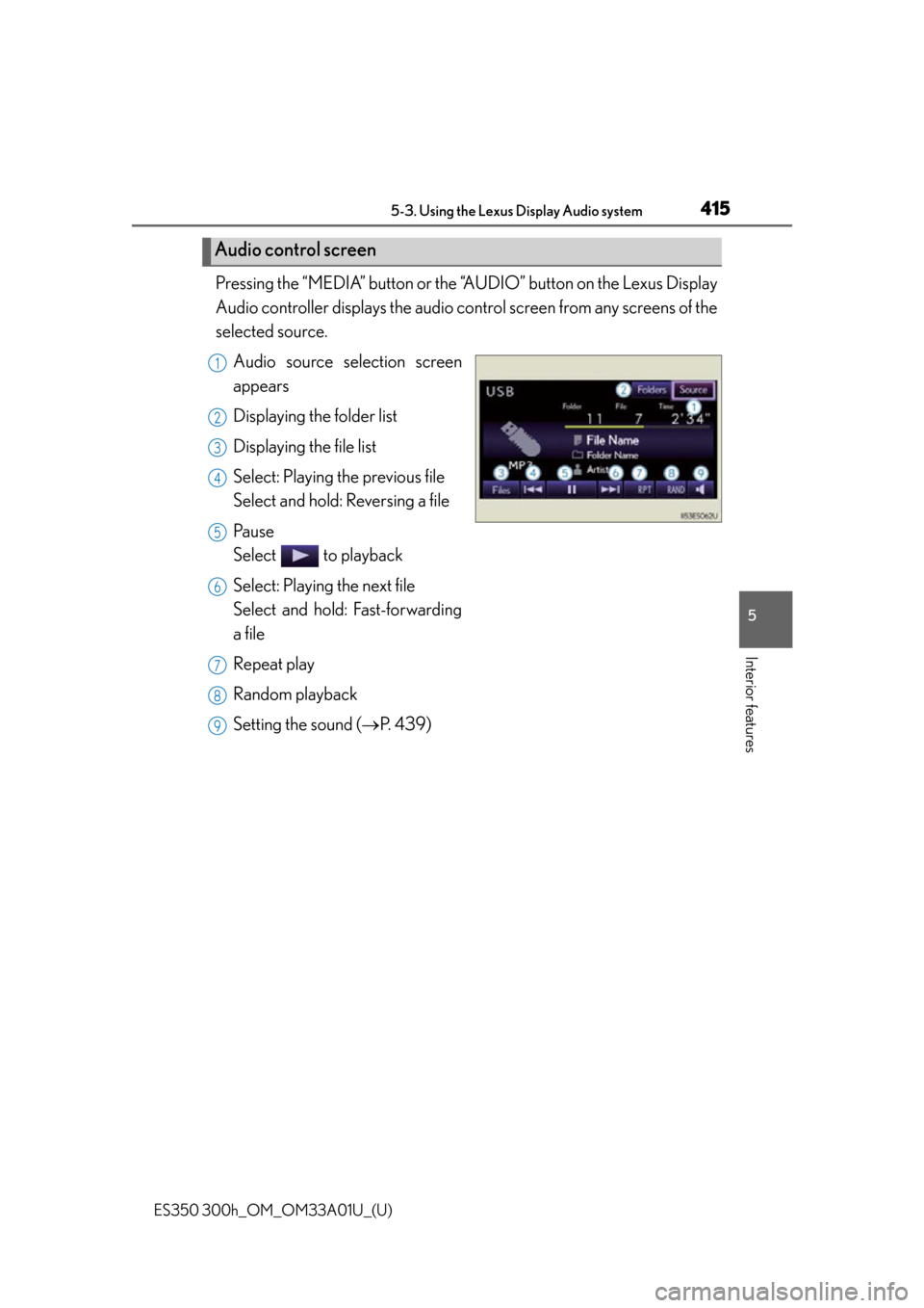 Lexus ES300h 2013  Maintenance and care / Owners Manual (OM33A01U) ES350 300h_OM_OM33A01U_(U)
4155-3. Using the Lexus Display Audio system
5
Interior features
Pressing the “MEDIA” button or the “AUDIO” button on the Lexus Display
Audio controller displays the