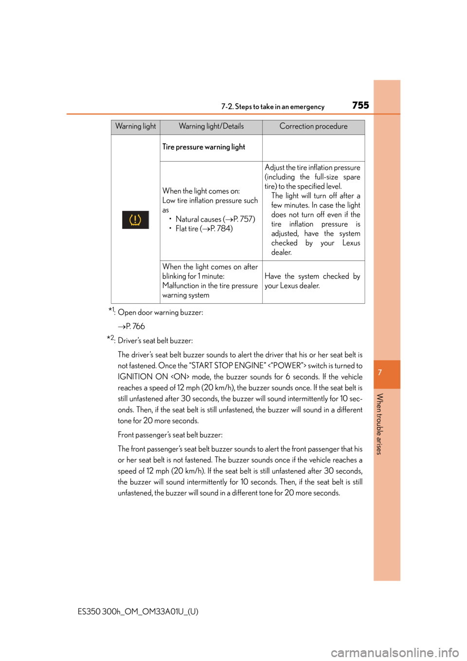 Lexus ES300h 2013  Maintenance and care / Owners Manual (OM33A01U) 7557-2. Steps to take in an emergency
ES350 300h_OM_OM33A01U_(U)
7
When trouble arises
*1: Open door warning buzzer: P.  76 6
*2: Driver’s seat belt buzzer:
The driver’s seat belt buzzer sounds