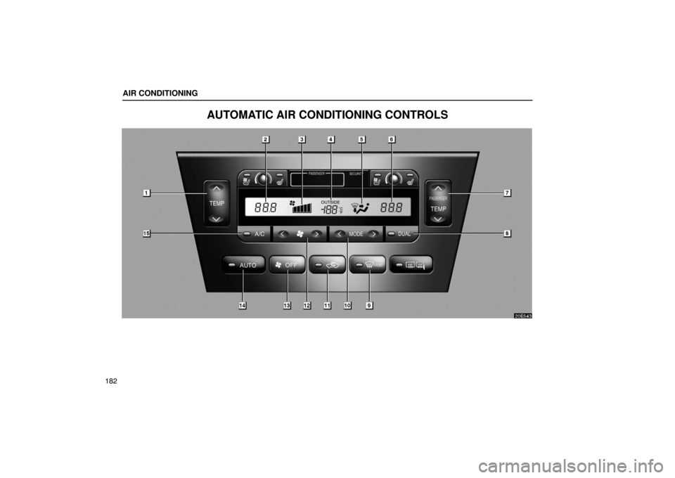 Lexus ES330 2005  Audio / LEXUS 2005 ES330 OWNERS MANUAL (OM33691U) AIR CONDITIONING
182
AUTOMATIC AIR CONDITIONING CONTROLS 