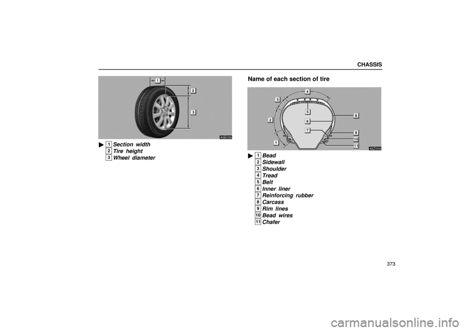 Lexus ES330 2005  Audio / LEXUS 2005 ES330 OWNERS MANUAL (OM33691U) CHASSIS
373
1Section width
2Tire height
3Wheel diameter
Name of each section of tire
1Bead
2Sidewall
3Shoulder
4Tread
5Belt
6Inner liner
7Reinforcing rubber
8Carcass
9Rim lines
10Bead wires
11Chafer