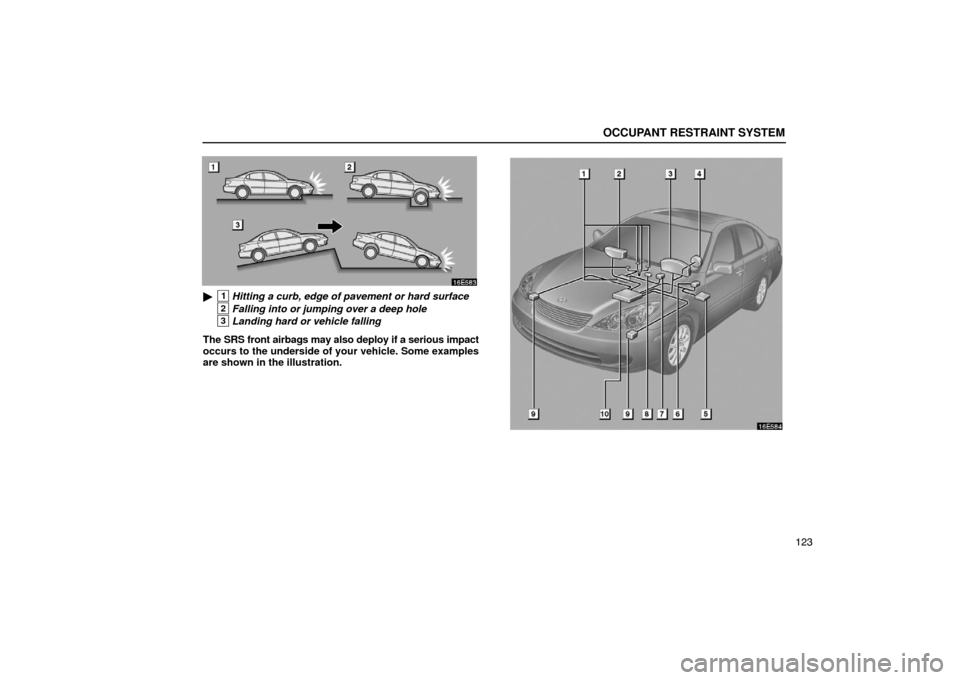 Lexus ES330 2005  Keys and Doors / LEXUS 2005 ES330 OWNERS MANUAL (OM33691U) OCCUPANT RESTRAINT SYSTEM
123
1Hitting a curb, edge of pavement or hard surface
2Falling into or jumping over a deep hole
3Landing hard or vehicle falling
The SRS front airbags may also deploy if a s