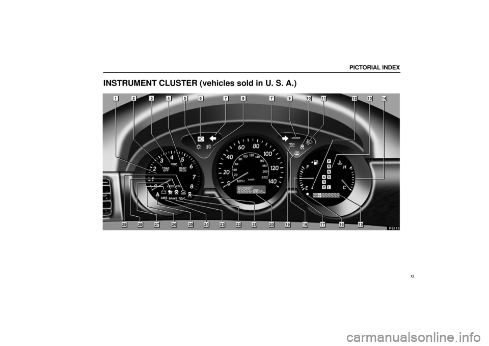 Lexus ES330 2005  Interior Equipment / LEXUS 2005 ES330 OWNERS MANUAL (OM33691U) PICTORIAL INDEX
xi
INSTRUMENT CLUSTER (vehicles sold in U. S. A.) 