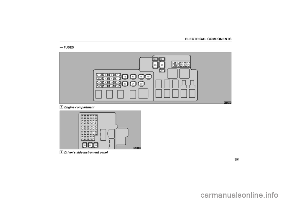 Lexus ES330 2005  Interior Equipment / LEXUS 2005 ES330 OWNERS MANUAL (OM33691U) ELECTRICAL COMPONENTS
391
— FUSES
1Engine compartment
64E165
2Driver’s side instrument panel 