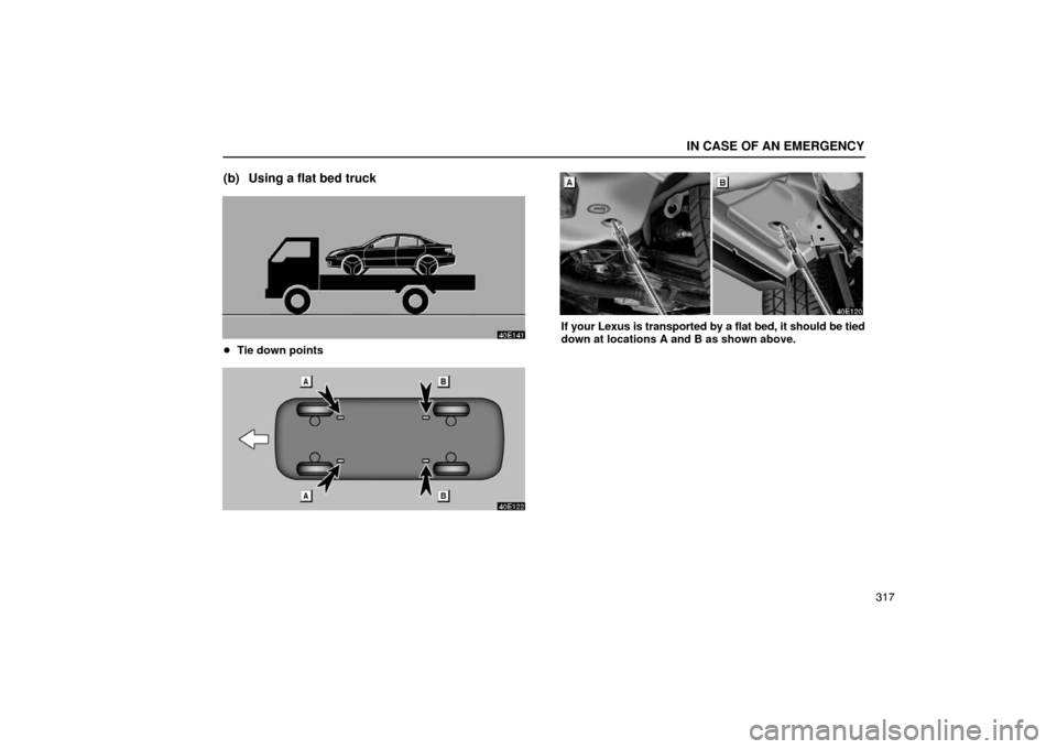 Lexus ES330 2005  Steering Wheel and Mirrors / LEXUS 2005 ES330 OWNERS MANUAL (OM33691U) IN CASE OF AN EMERGENCY
317
(b) Using a flat bed truck
Tie down points
If your Lexus is transported by a flat bed, it should be tied
down at locations A and B as shown above. 
