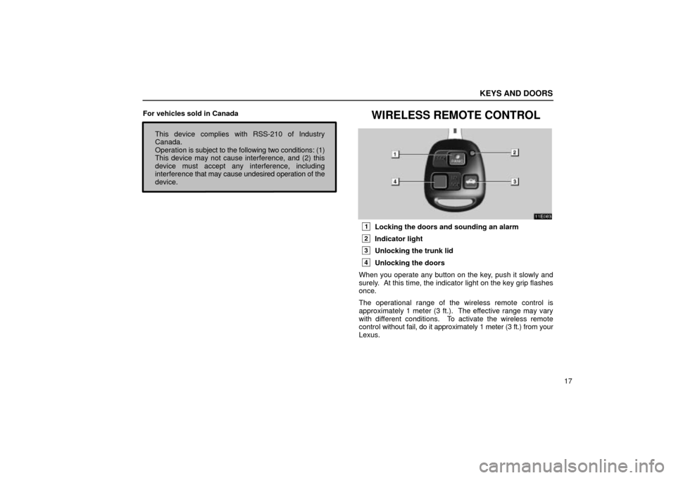 Lexus ES330 2004  Owners Manual Supplement / LEXUS 2004 ES330 OWNERS MANUAL (OM33633U) KEYS AND DOORS
17 For vehicles sold in Canada
This device complies with RSS-210 of Industry
Canada.
Operation is subject to the following two conditions: (1)
This device may not cause interference, an