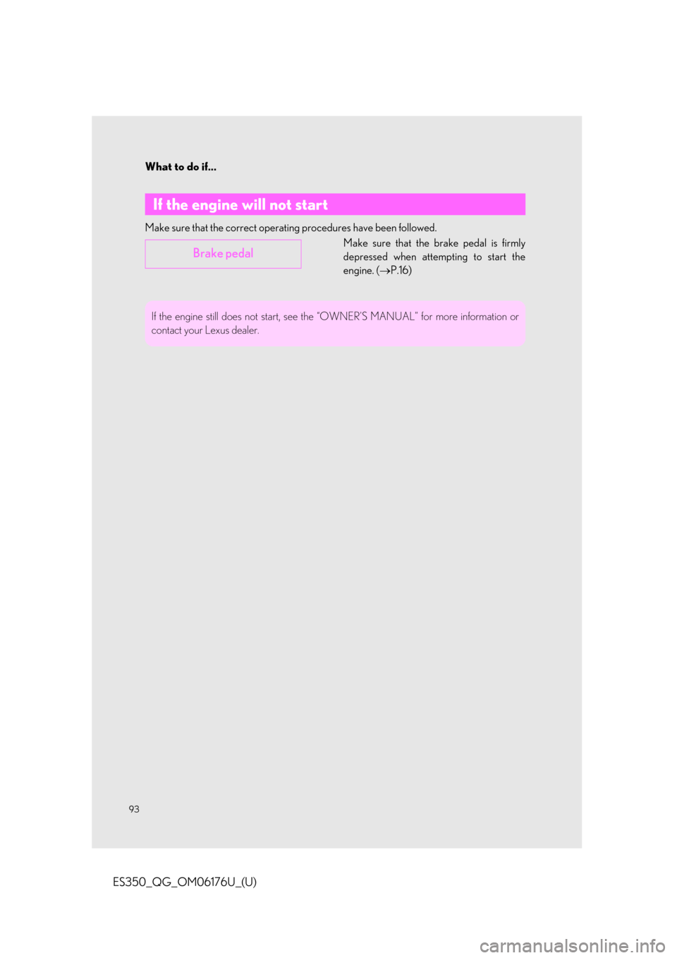 Lexus ES350 2020  Owners Manual / LEXUS 2020 ES350 THROUGH SEPT. 2019 PROD. OWNERS MANUAL QUICK GUIDE (OM06176U) What to do if...
93
ES350_QG_OM06176U_(U)
Make sure that the correct operating procedures have been followed.Make sure that the brake pedal is firmly
depressed when attempting to start the
engine. (