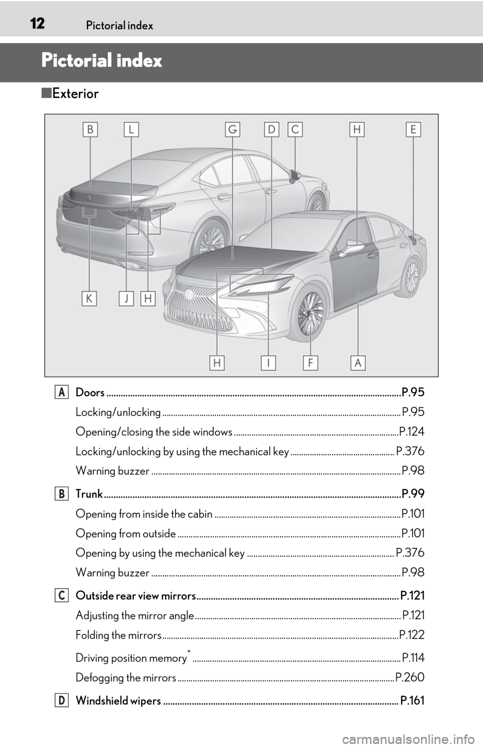 Lexus ES350 2020  Owners Manual / LEXUS 2020 ES350 FROM OCT. 2019 PROD. OWNERS MANUAL (OM06194U) 12Pictorial index
Pictorial index
■Exterior
Doors .......................................................................................................................... ..P.95
Locking/unlocking 