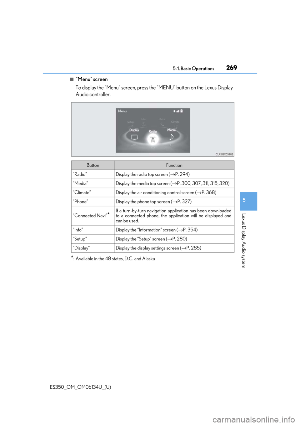 Lexus ES350 2018  Owners Manuals / LEXUS 2018 ES350 OWNERS MANUAL (OM06134U) ES350_OM_OM06134U_(U)
2695-1. Basic Operations
5
Lexus Display Audio system
■“Menu” screen
To display the “Menu” screen, press the “MENU” button on the Lexus Display
Audio controller.
*: