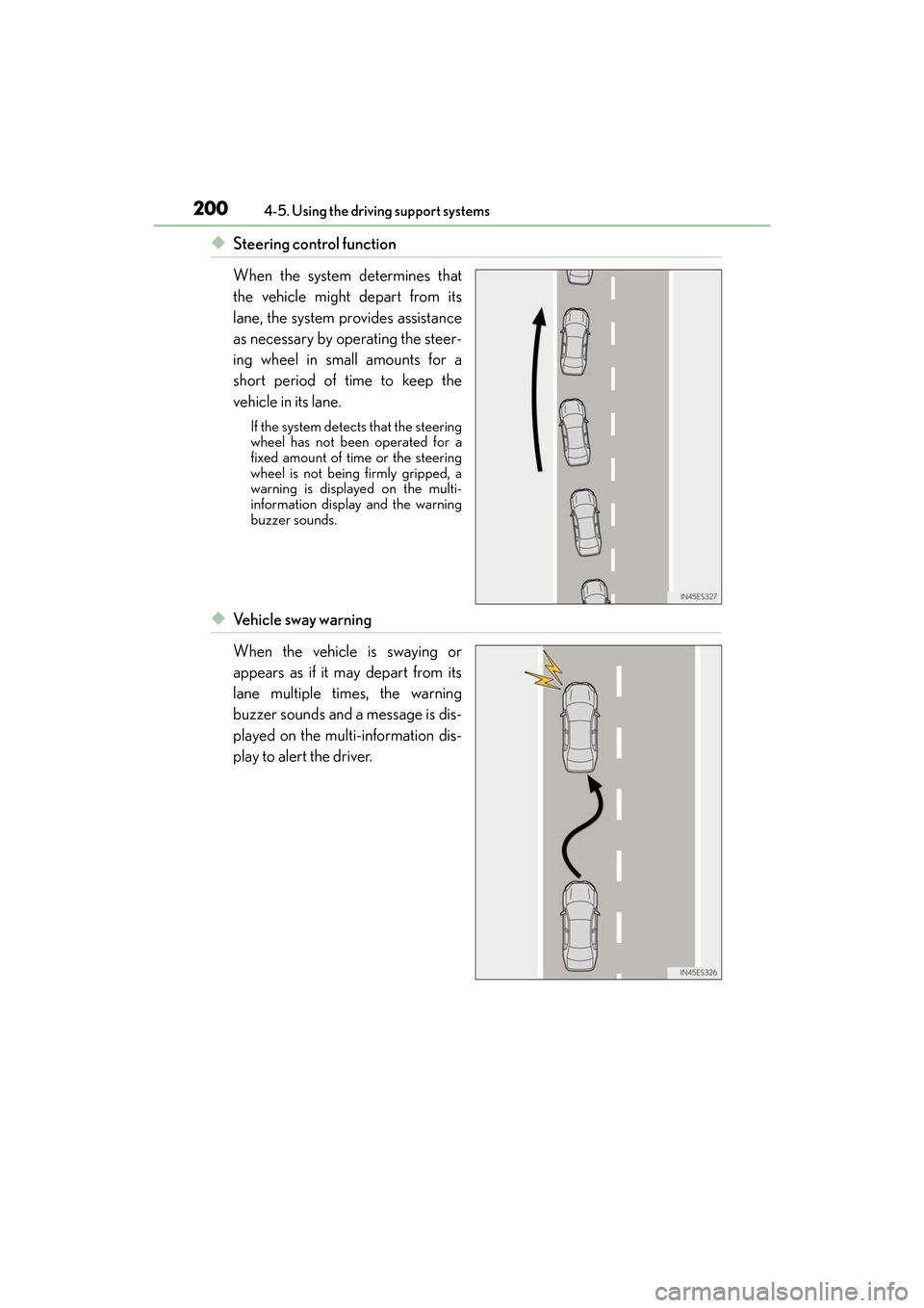 Lexus ES350 2017  Owners Manuals 200
ES350_OM_OM33C68U_(U)4-5. Using the driving support systems
◆Steering control function
When the system determines that
the vehicle might depart from its
lane, the system provides assistance
as n