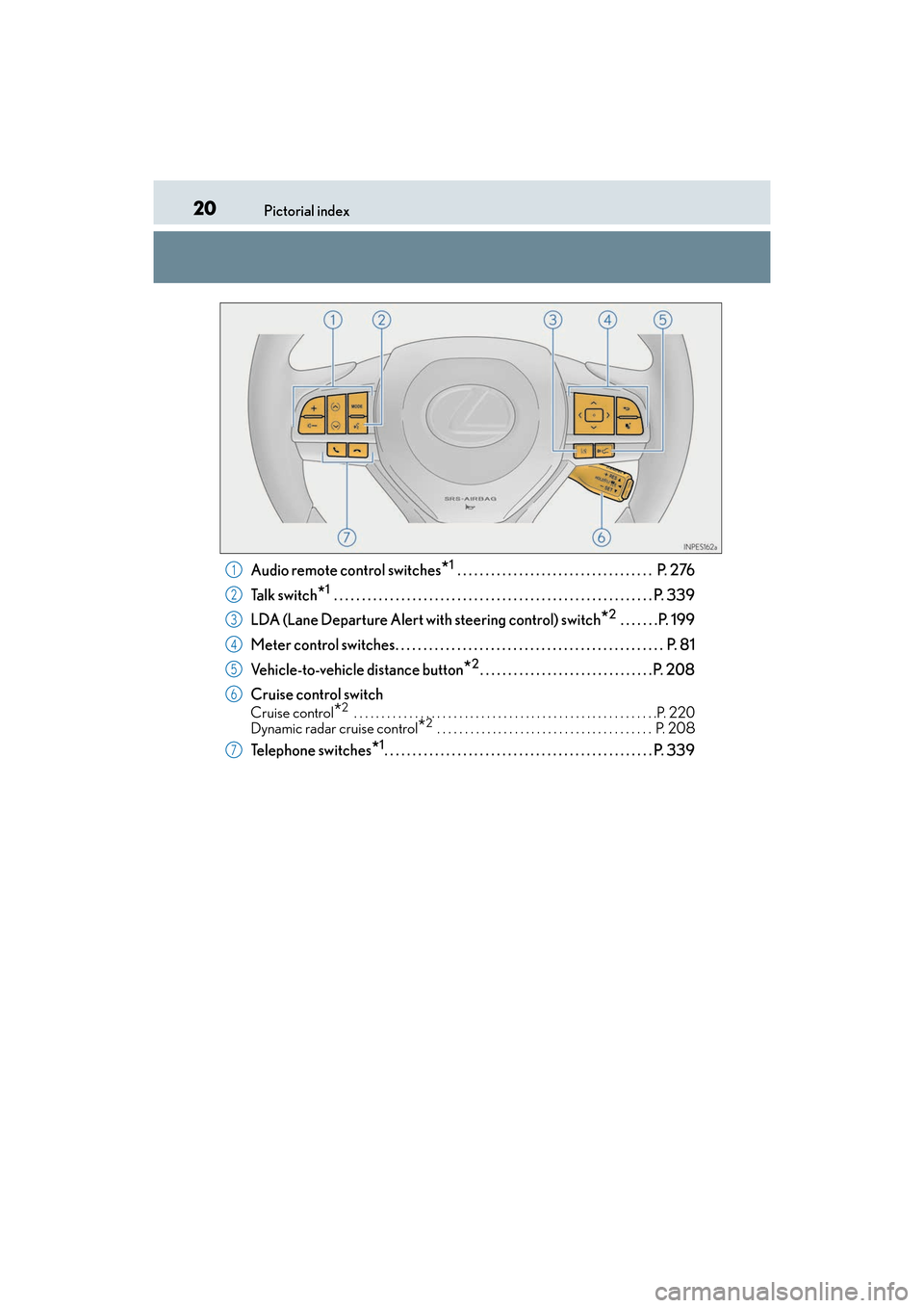 Lexus ES350 2017 Owners Manuals 20Pictorial index
ES350_OM_OM33C68U_(U)
Audio remote control switches*1 . . . . . . . . . . . . . . . . . . . . . . . . . . . . . . . . . . . P. 276
Talk switch
*1 . . . . . . . . . . . . . . . . . . Lexus ES350 2017 Owners Manuals 20Pictorial index
ES350_OM_OM33C68U_(U)
Audio remote control switches*1 . . . . . . . . . . . . . . . . . . . . . . . . . . . . . . . . . . . P. 276
Talk switch
*1 . . . . . . . . . . . . . . . . . .