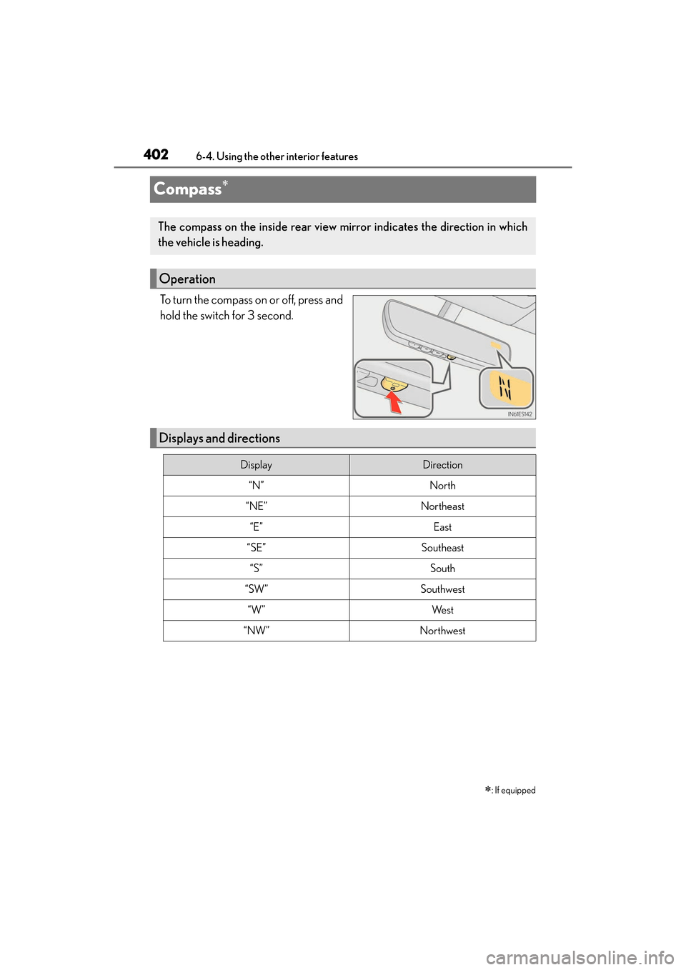 Lexus ES350 2017  Owners Manuals 402
ES350_OM_OM33C68U_(U)6-4. Using the other interior features
Compass∗
To turn the compass on or off, press and
hold the switch for 3 second.
∗: If equipped
The compass on the inside rear view m