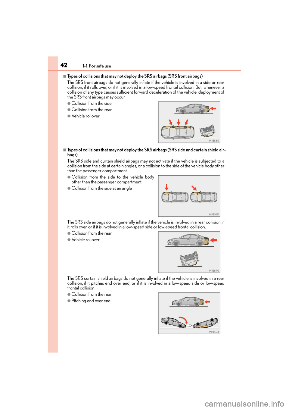 Lexus ES350 2017  Owners Manuals 421-1. For safe use
ES350_OM_OM33C68U_(U)
■Types of collisions that may not deploy the SRS airbags (SRS front airbags)
The SRS front airbags do not generally inflate if  the vehicle is involved in a