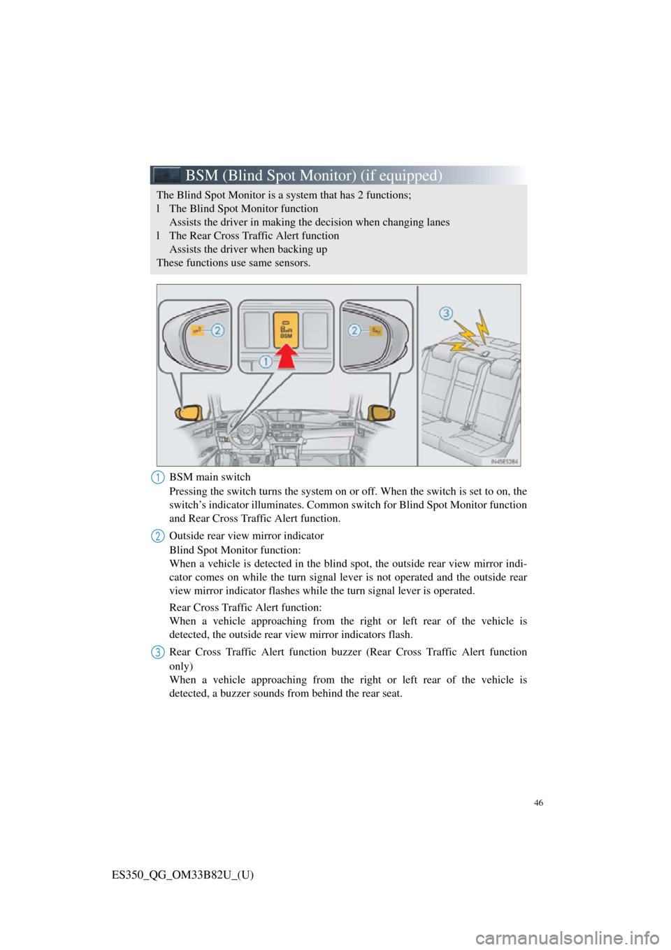 Lexus ES350 2016 Quick Guide / 46
ES350_QG_OM33B82U_(U)
BSM (Blind Spot Monitor) (if equipped)
BSM main switch
Pressing the switch turns the system on or off. When the switch is set to on, the
switch’s indicator illuminates. Comm Lexus ES350 2016 Quick Guide / 46
ES350_QG_OM33B82U_(U)
BSM (Blind Spot Monitor) (if equipped)
BSM main switch
Pressing the switch turns the system on or off. When the switch is set to on, the
switch’s indicator illuminates. Comm
