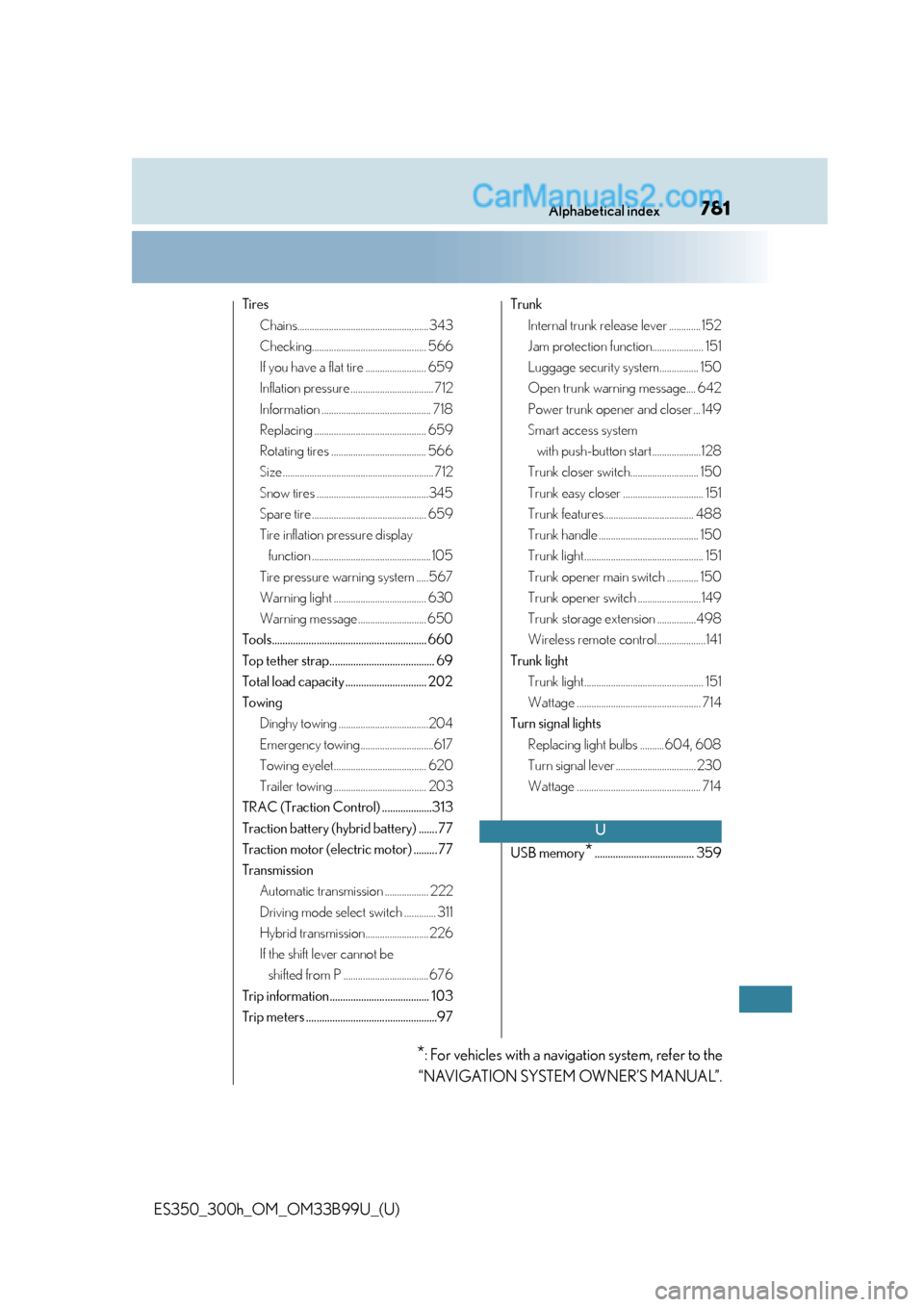 Lexus ES350 2015 Owners Manual 781Alphabetical index
ES350_300h_OM_OM33B99U_(U)
TiresChains......................................................343
Checking............................................... 566
If you have a flat tir Lexus ES350 2015 Owners Manual 781Alphabetical index
ES350_300h_OM_OM33B99U_(U)
TiresChains......................................................343
Checking............................................... 566
If you have a flat tir
