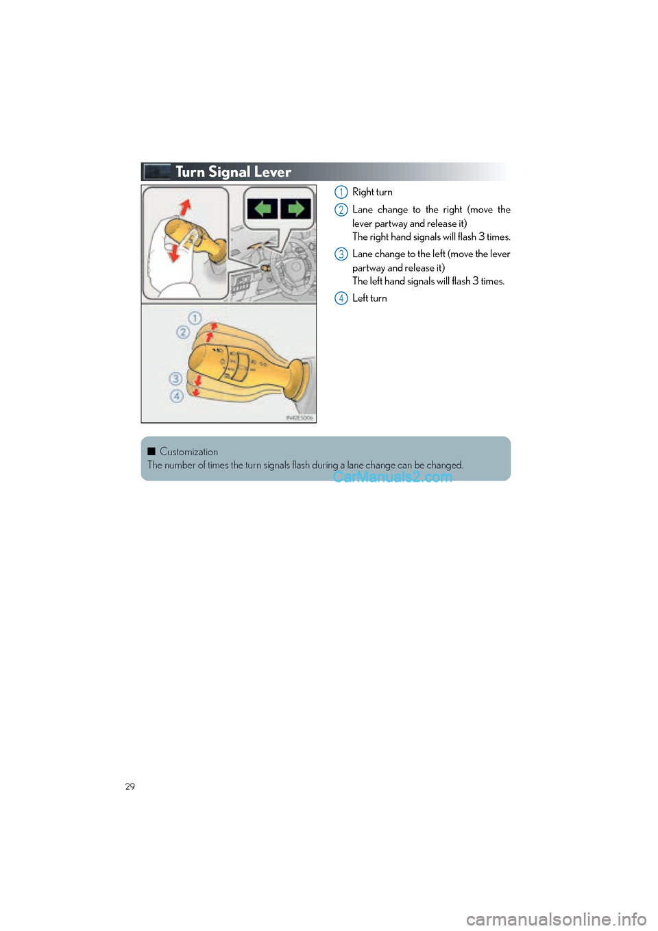 Lexus ES350 2014  Quick Guide 29
ES350_QG_OM33A70U_(U)
Tu r n  S i g n a l  L e v e r
Right turn
Lane change to the right (move the
lever partway and release it)
The right hand signals will flash 3 times.
Lane change to the left (