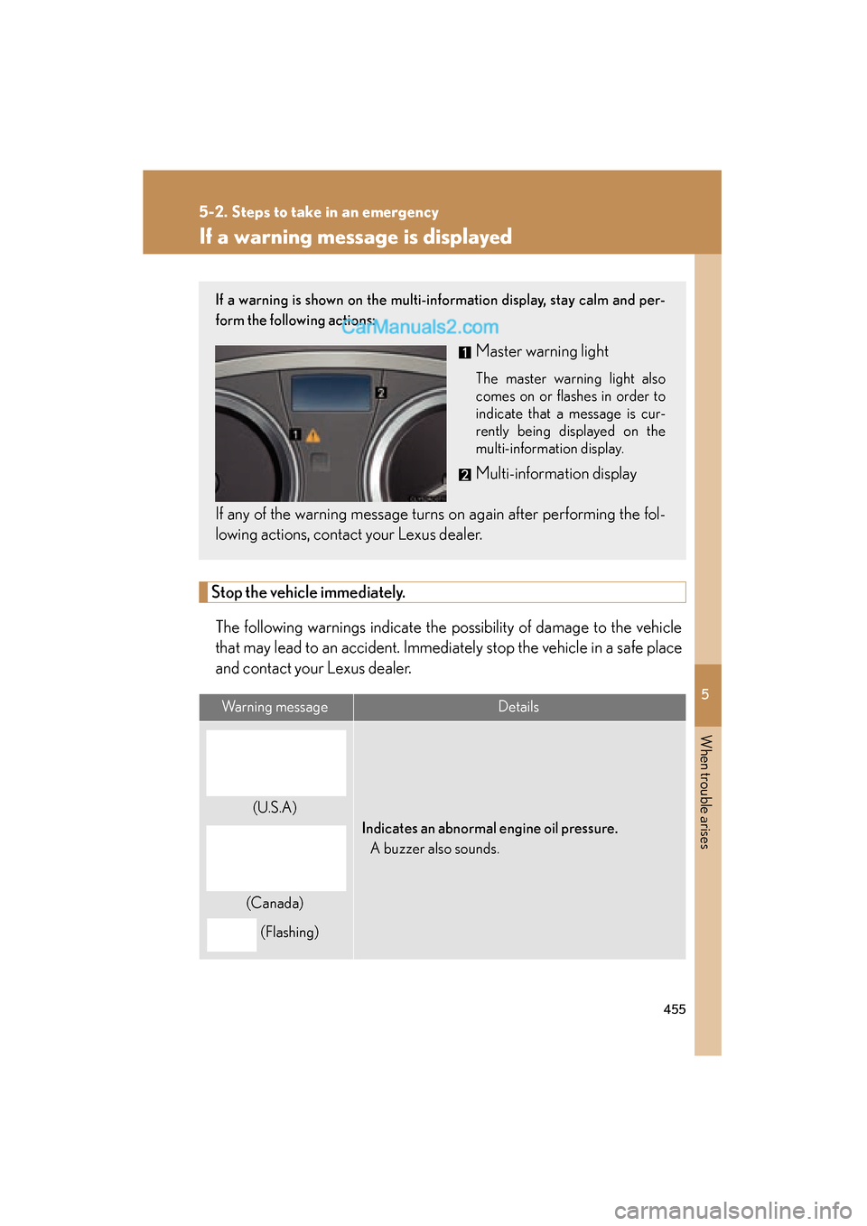 Lexus ES350 2011  Owners Manuals 5
When trouble arises
455
5-2. Steps to take in an emergency
ES350_U
If a warning message is displayed
Stop the vehicle immediately.The following warnings indicate the possibility of damage to the veh