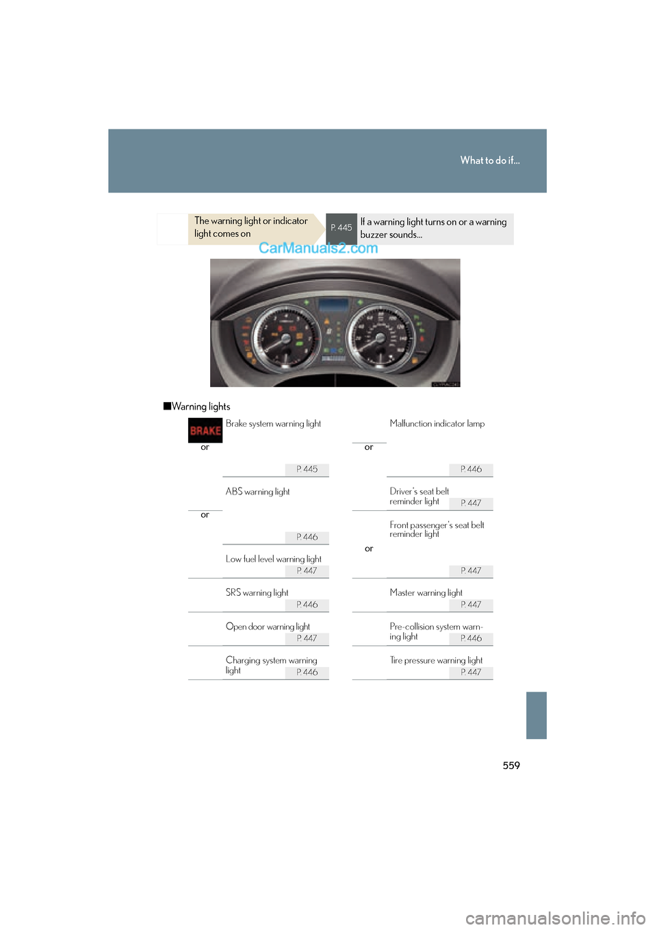 Lexus ES350 2011  Owners Manuals 559
What to do if...
ES350_U
■Warning lights
The warning light or indicator 
light comes onP.  4 4 5If a warning light turns on or a warning 
buzzer sounds...
or or
P.  4 4 5P. 446
P.  4 4 7
or
P. 4