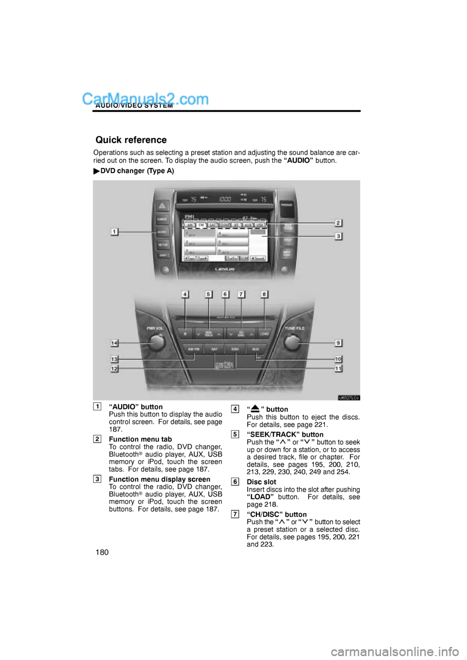 Lexus ES350 2011 Audio/video System AUDIO/VIDEO SYSTEM
180
Operations such as selecting a preset station and adjusting the sound balance are car-
ried out on the screen. To display the audio screen, push the “AUDIO” button.
DVD cha Lexus ES350 2011 Audio/video System AUDIO/VIDEO SYSTEM
180
Operations such as selecting a preset station and adjusting the sound balance are car-
ried out on the screen. To display the audio screen, push the “AUDIO” button.
DVD cha