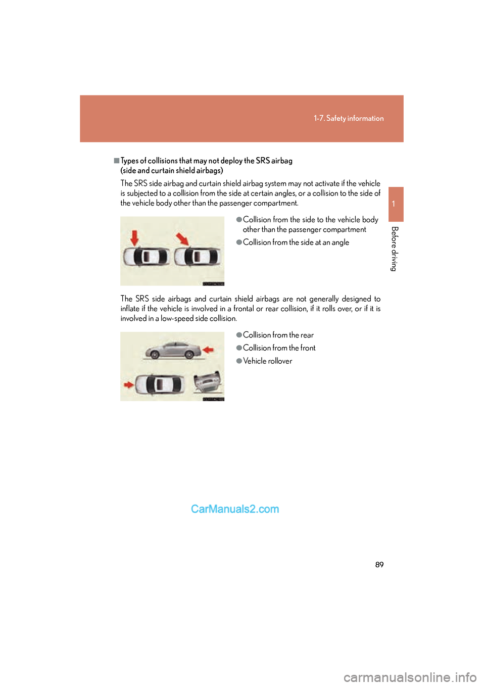 Lexus ES350 2010  Owners Manuals 89
1-7. Safety information
1
Before driving
ES350_U
■Types of collisions that may not deploy the SRS airbag 
(side and curtain shield airbags)
The SRS side airbag and curtain shield airbag system ma
