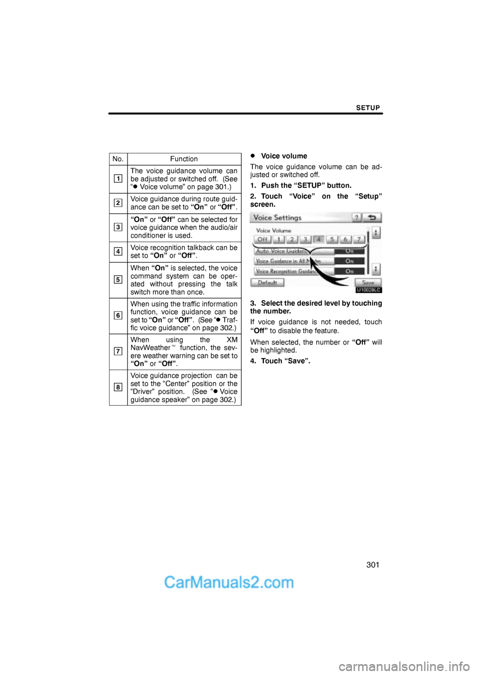 Lexus ES350 2010 Setup SETUP
301
No.Function
1The voice guidance volume can
be adjusted or switched off. (See
“
Voice volume” on page 301.)
2Voice guidance during route guid-
ance can be set to “On” or “Off”.
Lexus ES350 2010 Setup SETUP
301
No.Function
1The voice guidance volume can
be adjusted or switched off. (See
“
Voice volume” on page 301.)
2Voice guidance during route guid-
ance can be set to “On” or “Off”.