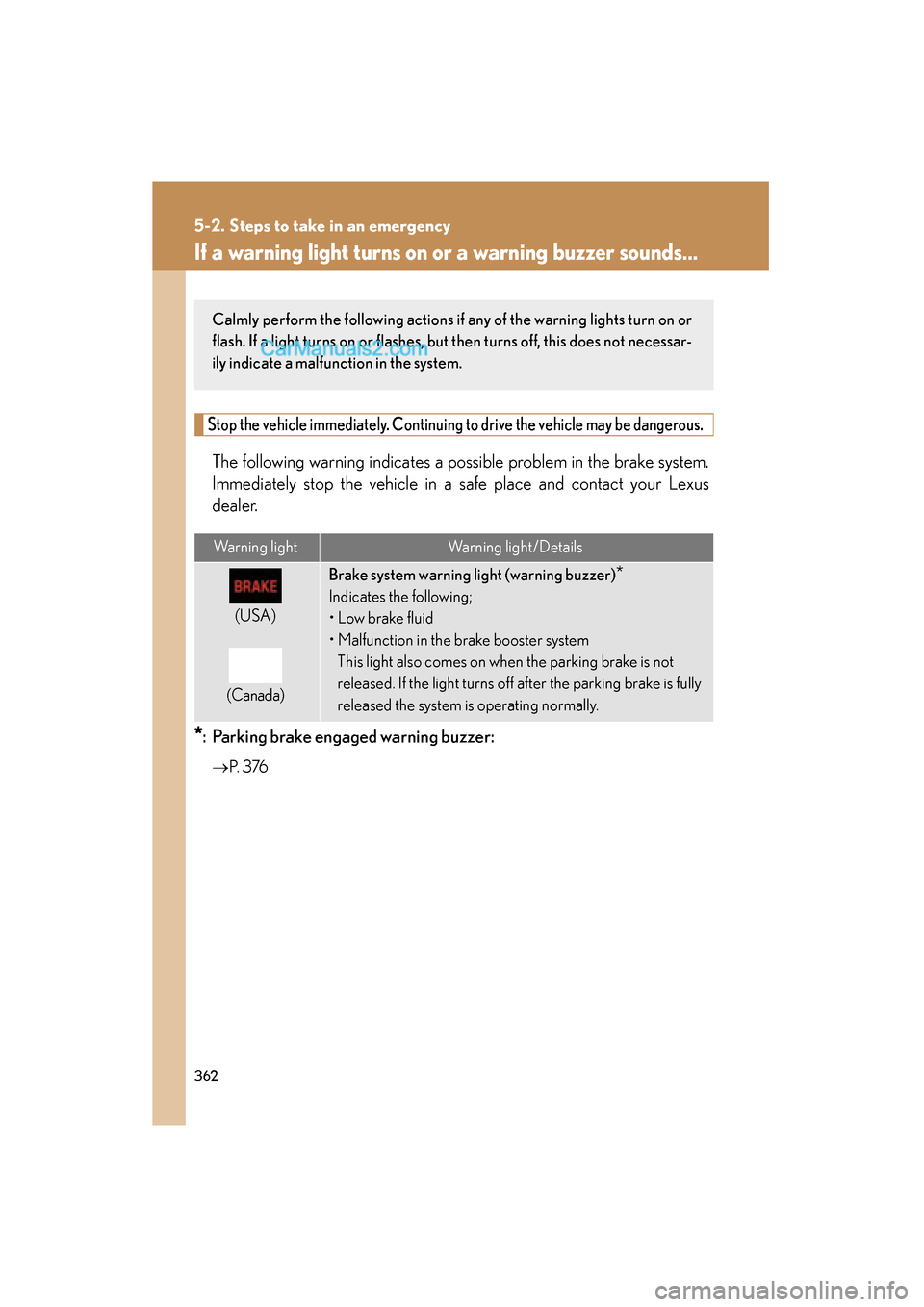 Lexus ES350 2008  Owners Manual 362
ES350_U_(L/O_0708)
5-2. Steps to take in an emergency
If a warning light turns on or a warning buzzer sounds...
Stop the vehicle immediately. Continuing to drive the vehicle may be dangerous.
The 