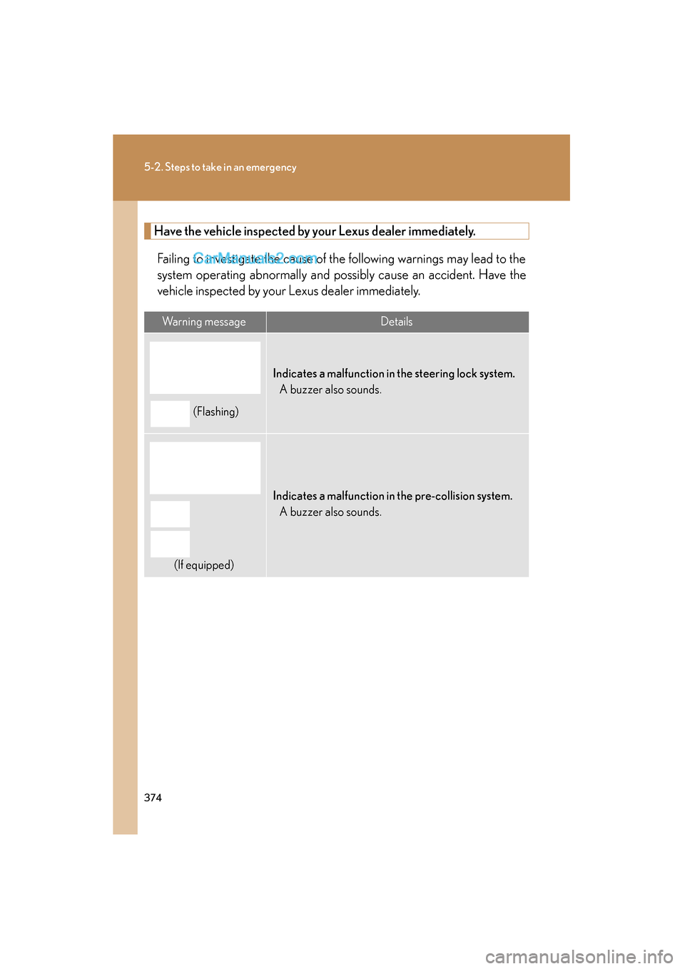 Lexus ES350 2008  Owners Manual 374
5-2. Steps to take in an emergency
ES350_U_(L/O_0708)
Have the vehicle inspected by your Lexus dealer immediately.Failing to investigate the cause of the following warnings may lead to the
system 