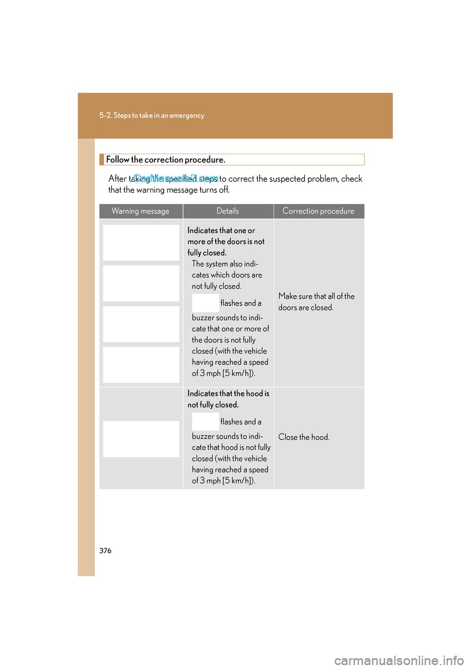 Lexus ES350 2008  Owners Manual 376
5-2. Steps to take in an emergency
ES350_U_(L/O_0708)
Follow the correction procedure.After taking the specified steps to correct the suspected problem, check
that the warning message turns off.
W