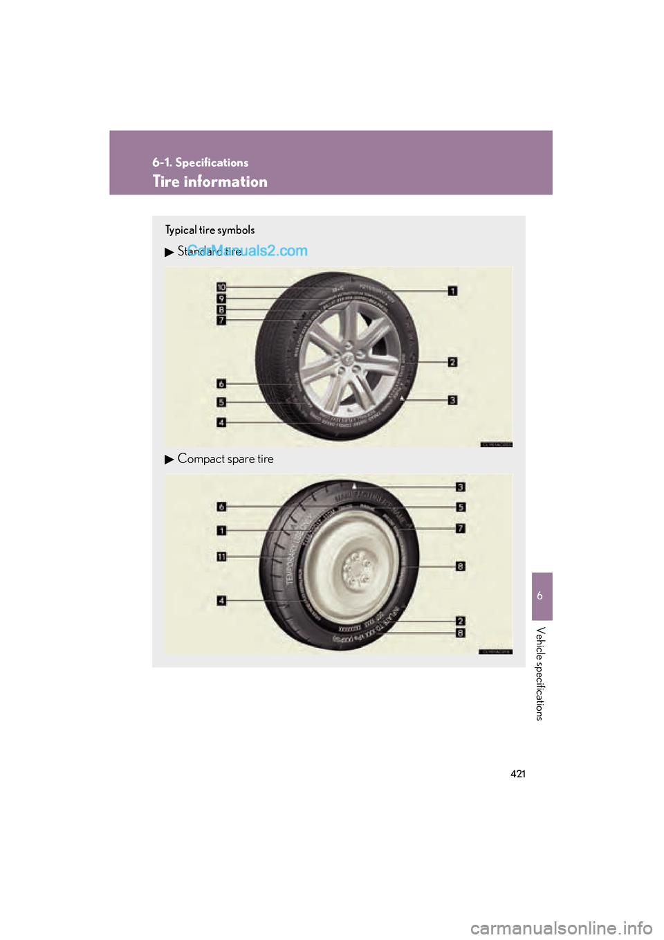 Lexus ES350 2008  Owners Manual 421
6-1. Specifications
6
Vehicle specifications
ES350_U_(L/O_0708)
Tire information
Typical tire symbols
Standard tire
Compact spare tire  