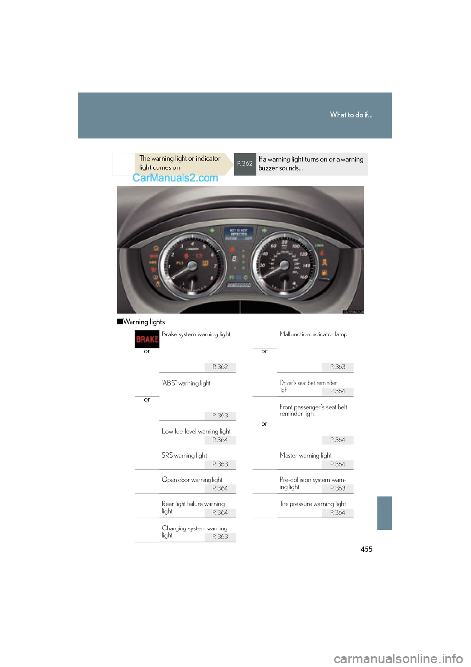 Lexus ES350 2008  Owners Manual 455
What to do if...
ES350_U_(L/O_0708)
■Warning lights
The warning light or indicator 
light comes onP.  3 6 2If a warning light turns on or a warning 
buzzer sounds...
or or
P.  3 6 2P.  3 6 3
P. 