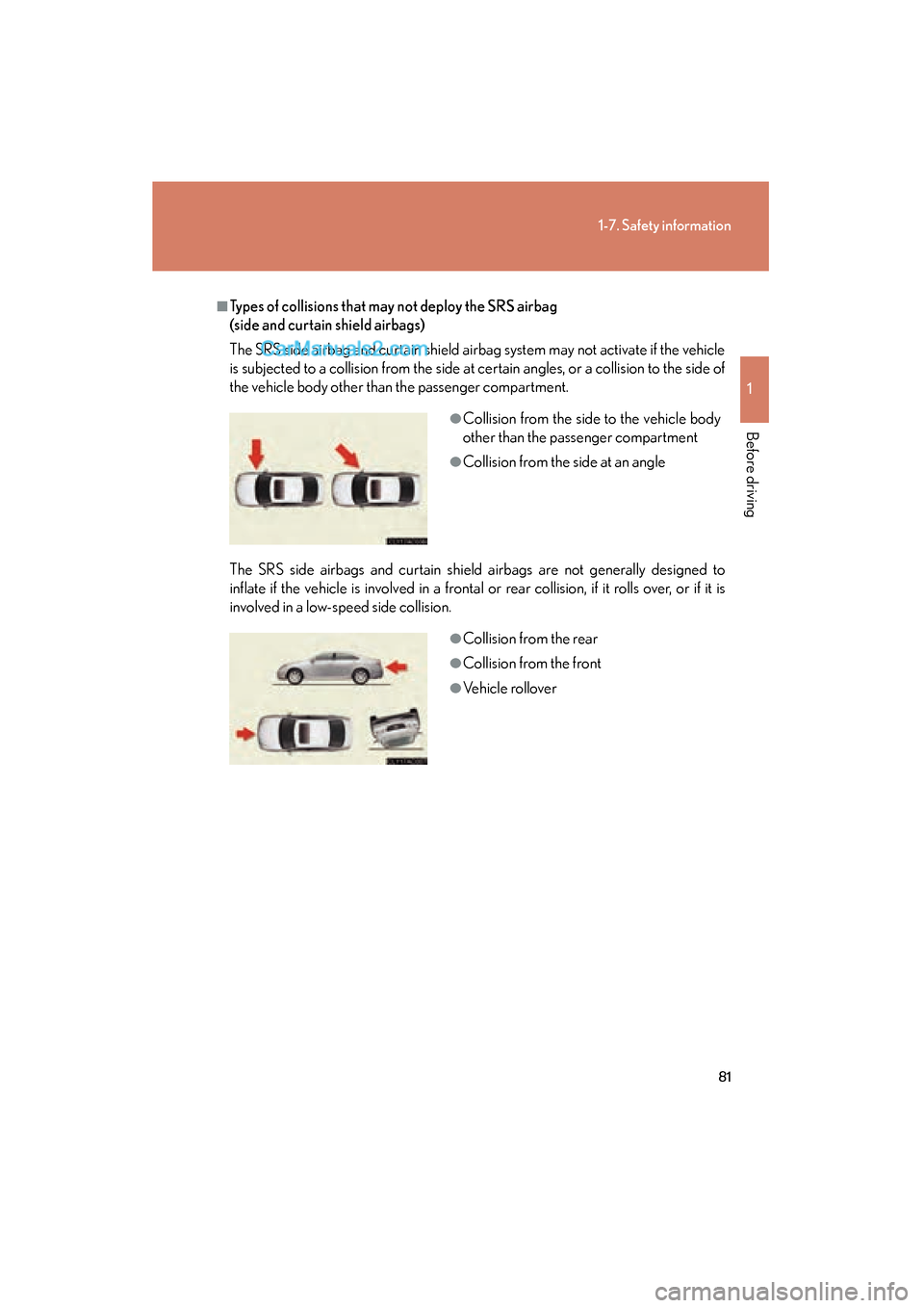 Lexus ES350 2008  Owners Manual 81
1-7. Safety information
1
Before driving
ES350_U_(L/O_0708)
■Types of collisions that may not deploy the SRS airbag 
(side and curtain shield airbags)
The SRS side airbag and curtain shield airba