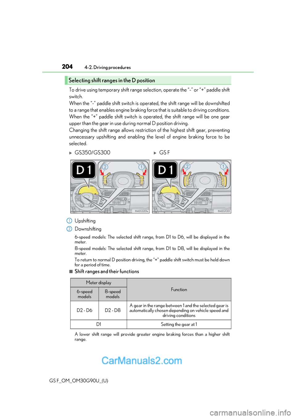 Lexus GS F 2019  Owners Manuals 204
GS F_OM_OM30G90U_(U)4-2. Driving procedures
To drive using temporary shift range selection, operate the “-” or “+” paddle shift
switch. 
When the “-” paddle shift switch is oper
ated, 