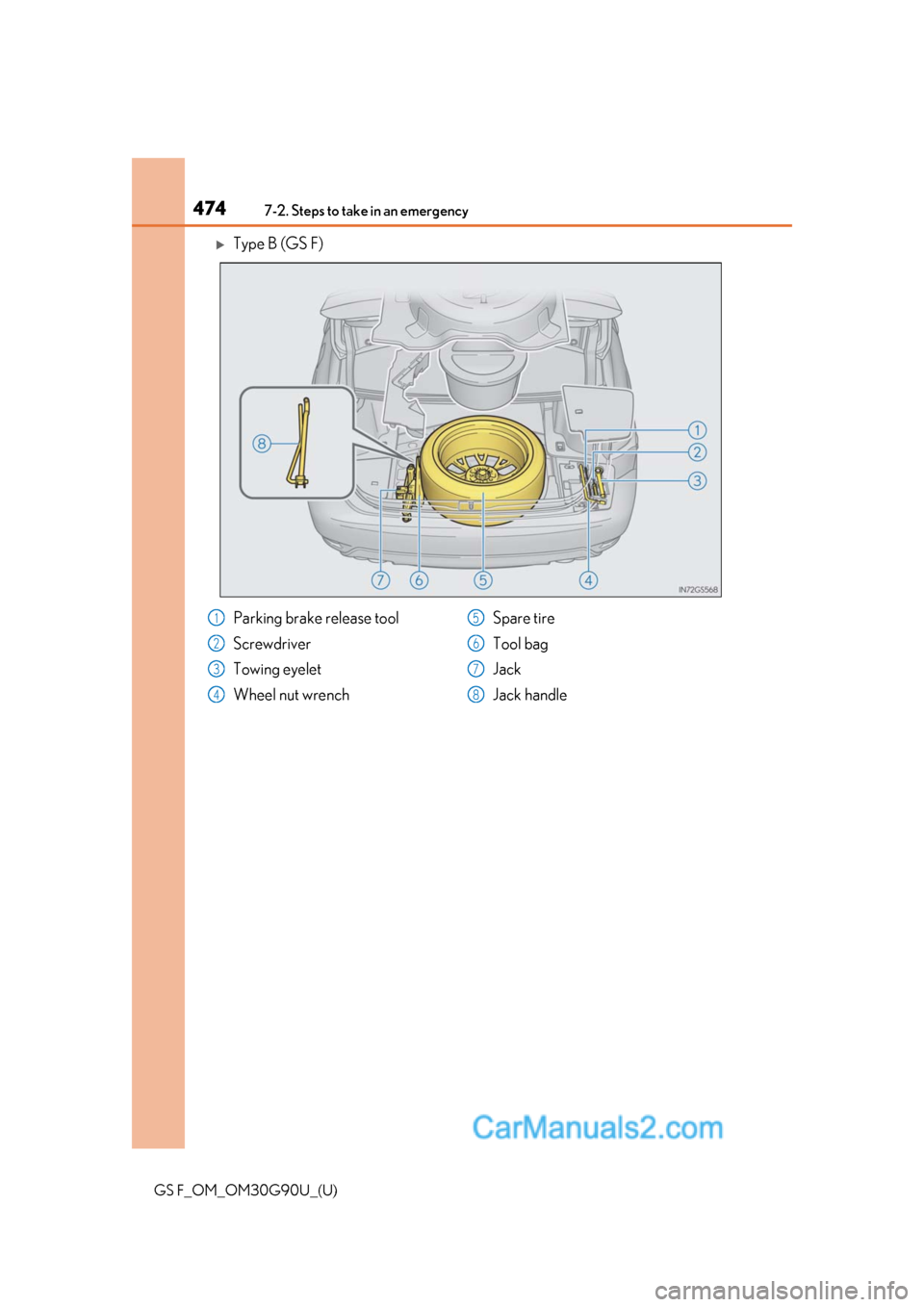 Lexus GS F 2019  Owners Manuals 4747-2. Steps to take in an emergency
GS F_OM_OM30G90U_(U)
Type B (GS F)
Parking brake release tool
Screwdriver 
Towing eyelet
Wheel nut wrenchSpare tire
Tool bag
Jack
Jack handle1
2
3
4
5
6
7
8  