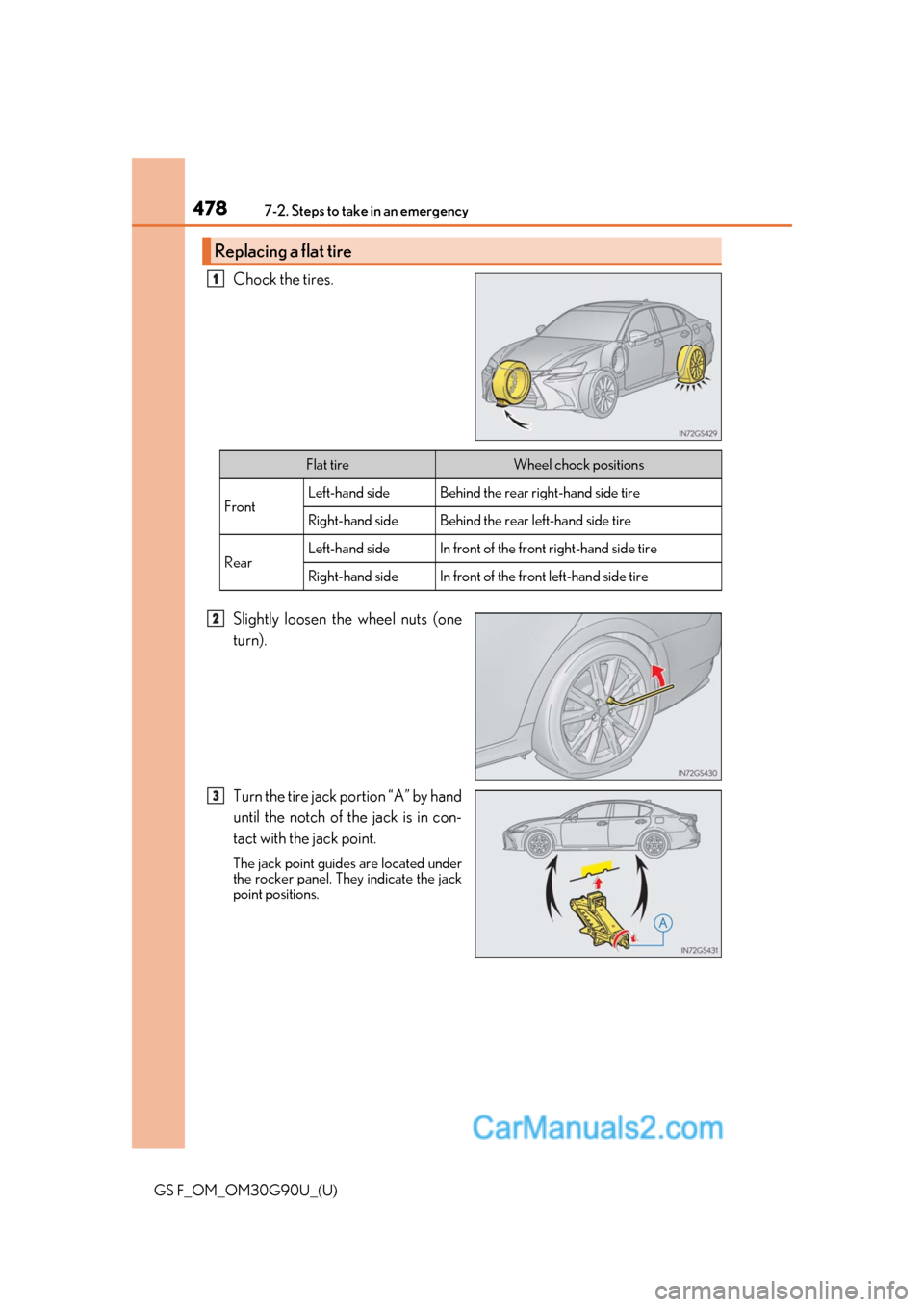 Lexus GS F 2019  Owners Manuals 4787-2. Steps to take in an emergency
GS F_OM_OM30G90U_(U)
Chock the tires.
Slightly loosen the wheel nuts (one
turn).
Turn the tire jack portion “A” by hand
until the notch of the jack is in con-
