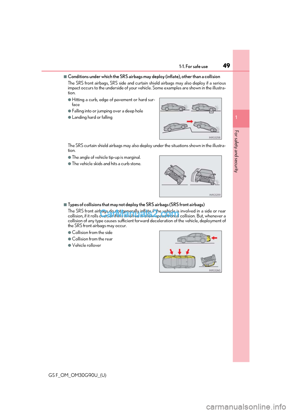Lexus GS F 2019 Owners Manuals 491-1. For safe use
GS F_OM_OM30G90U_(U)
1
For safety and security
■Conditions under which the SRS airbags may deploy (inflate), other than a collision
The SRS front airbags, SRS side and curtain Lexus GS F 2019 Owners Manuals 491-1. For safe use
GS F_OM_OM30G90U_(U)
1
For safety and security
■Conditions under which the SRS airbags may deploy (inflate), other than a collision
The SRS front airbags, SRS side and curtain