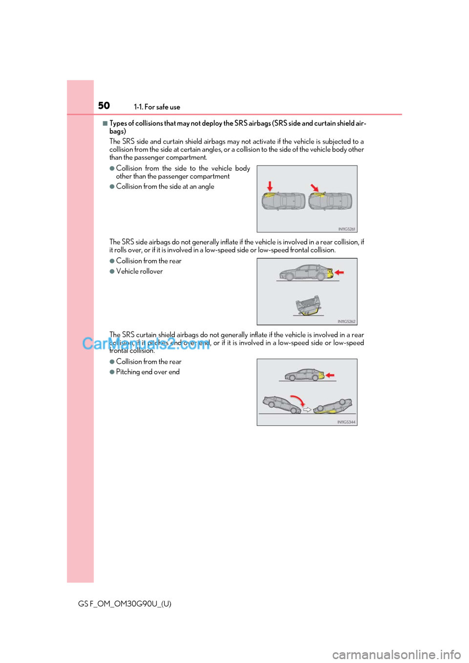 Lexus GS F 2019  Owners Manuals 501-1. For safe use
GS F_OM_OM30G90U_(U)
■Types of collisions that may not deploy the SRS airbags (SRS side and curtain shield air-
bags)
The SRS side and curtain shield airbags may not activate if 