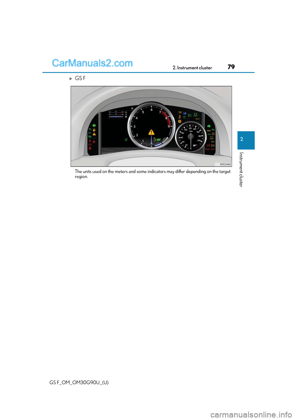 Lexus GS F 2019  Owners Manuals GS F_OM_OM30G90U_(U)
792. Instrument cluster
2
Instrument cluster
GS F
The units used on the meters and some indicators may differ depending on the target
region.  