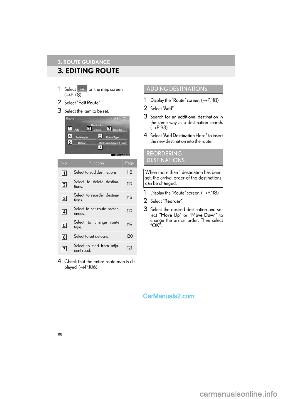 Lexus GS F 2017 Navigation Manual 118
3. ROUTE GUIDANCE
GS_Navi+MM_OM30F99U_(U)16.07.11 14:00
3. EDITING ROUTE
1Select on the map screen.
(→ P.78)
2Select “Edit Route” .
3Select the item to be set.
4Check that the entire Lexus GS F 2017 Navigation Manual 118
3. ROUTE GUIDANCE
GS_Navi+MM_OM30F99U_(U)16.07.11 14:00
3. EDITING ROUTE
1Select on the map screen.
(→ P.78)
2Select “Edit Route” .
3Select the item to be set.
4Check that the entire