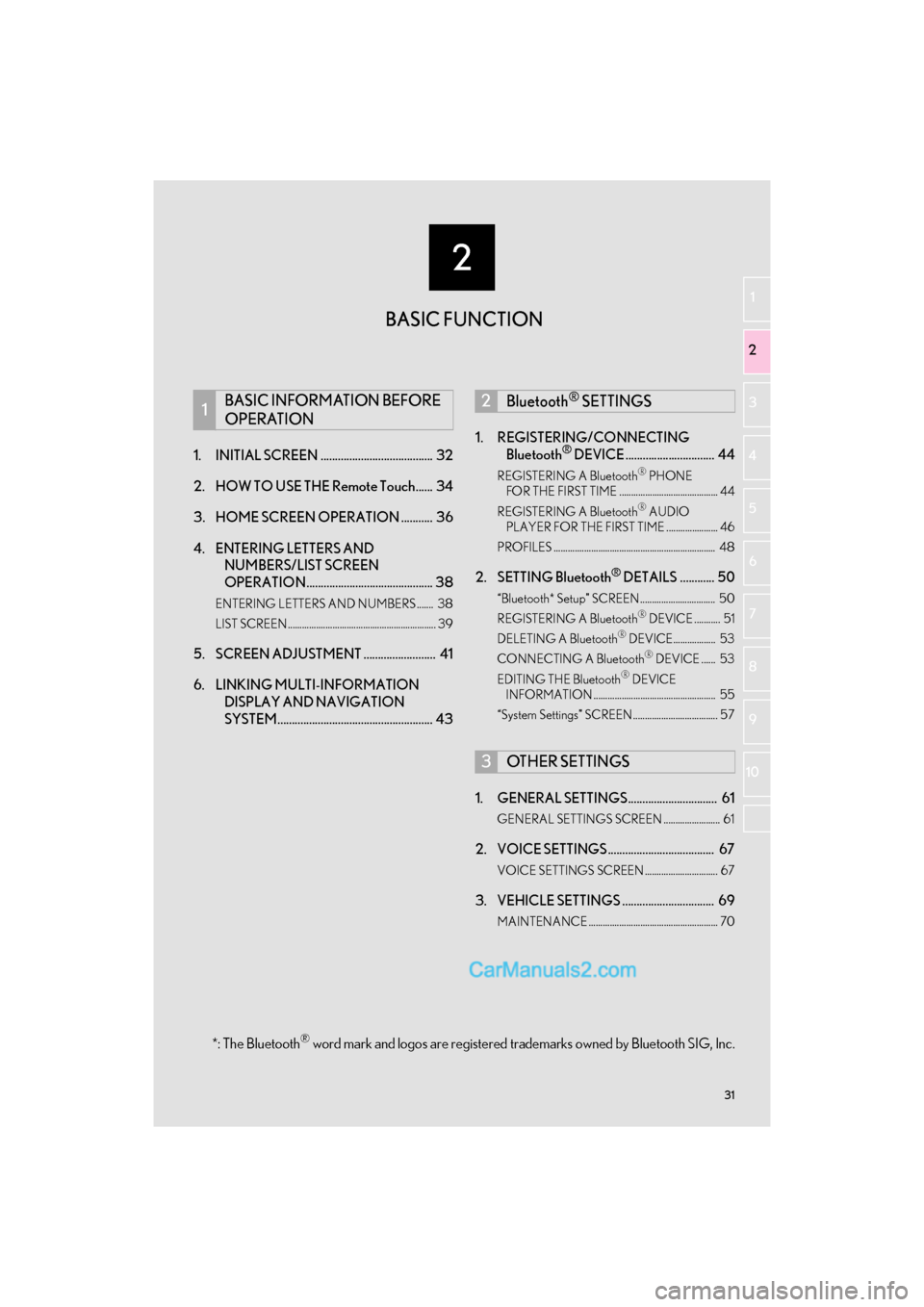 Lexus GS F 2017  Navigation Manual 2
31
GS_Navi+MM_OM30F99U_(U)16.07.11     14:00
1
2
3 4
5
6
7
8 9
10
1. INITIAL SCREEN .......................................  32
2. HOW TO USE THE Remote Touch......  34
3. HOME SCREEN OPERATION ....